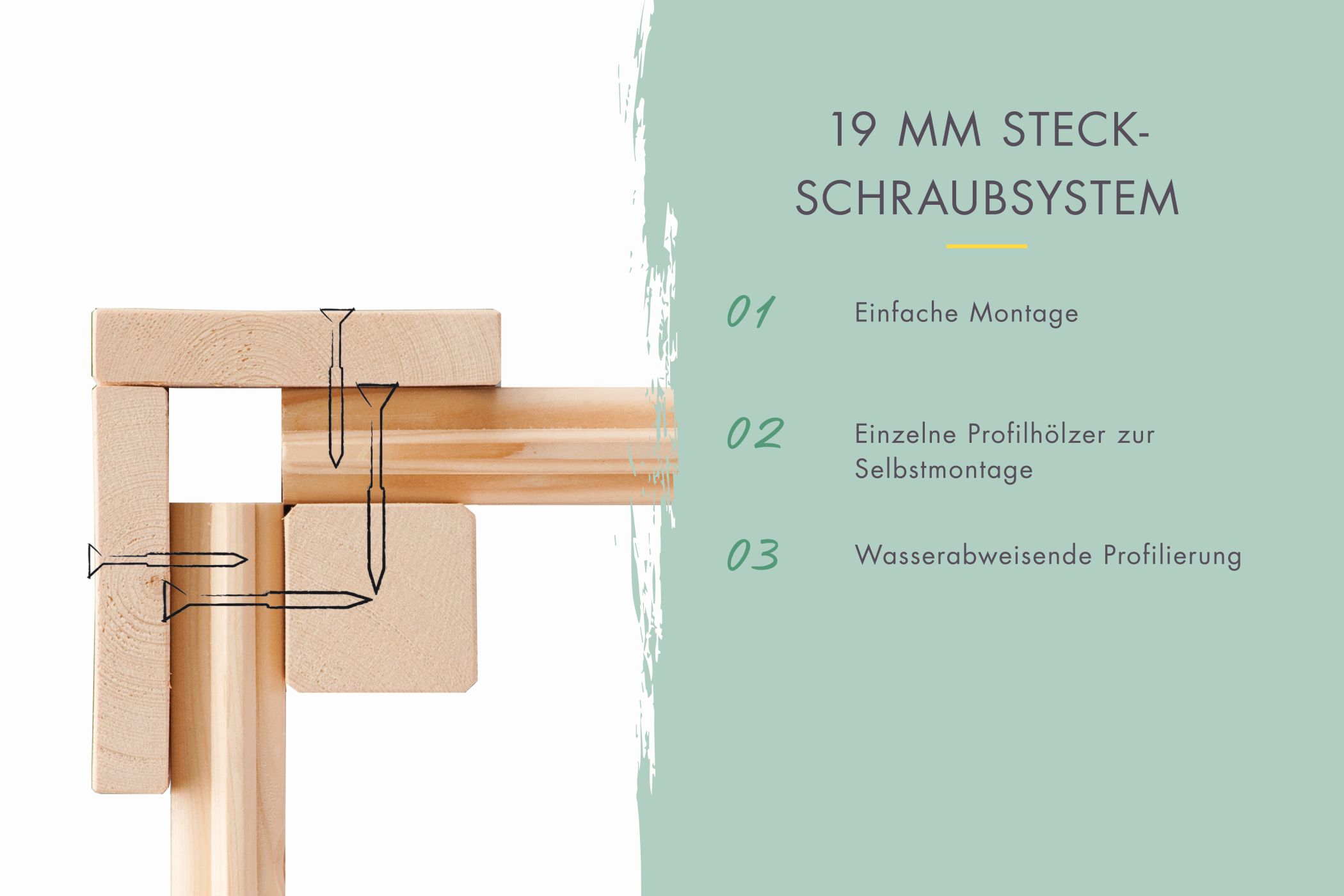 19-mm-Blockbohlenbauweise des Karibu Gerätehaus Stockach 2 mit Nut-und-Feder-Verbindung