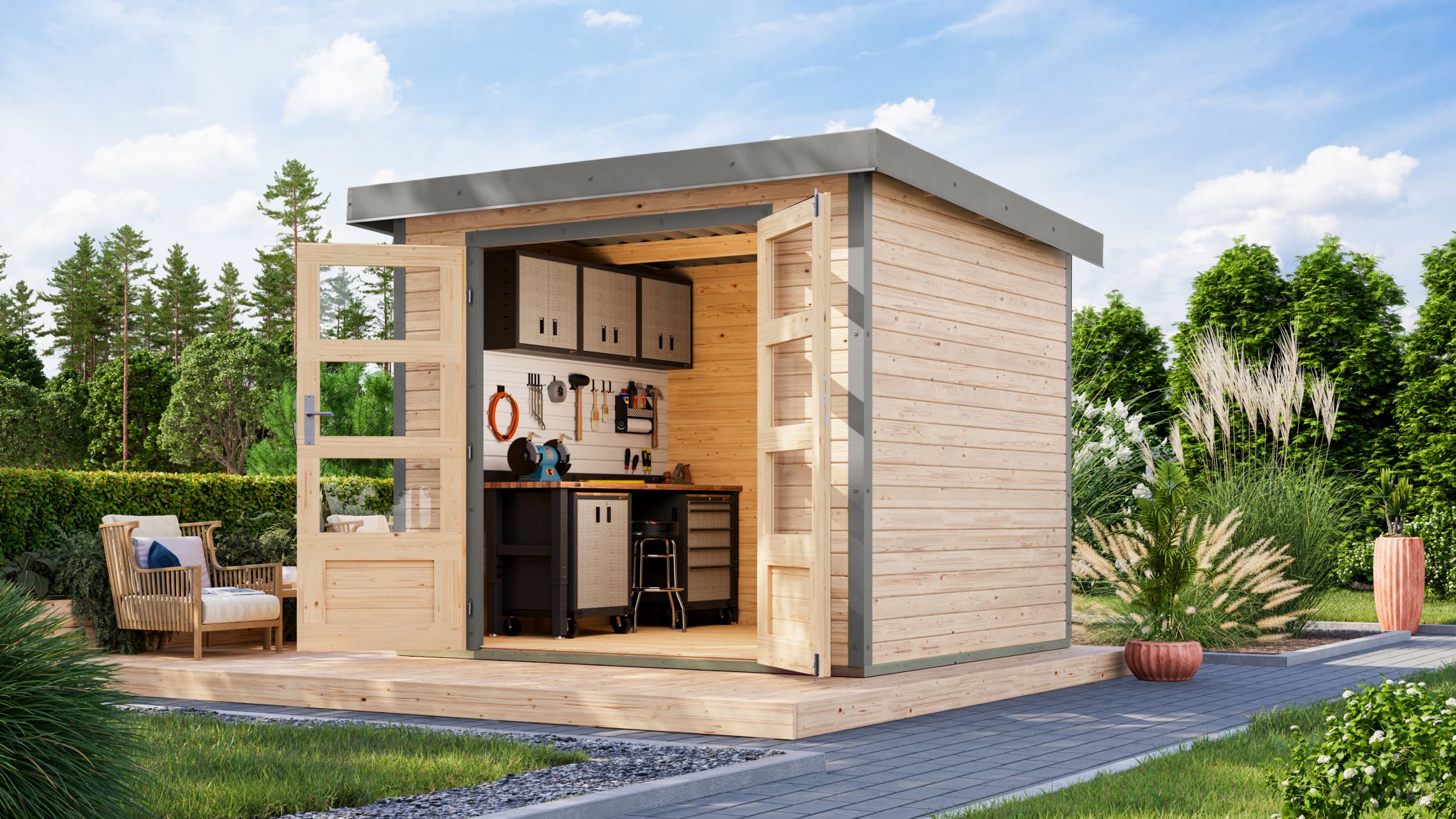 Karibu Gartenhaus Holz & Metall Jupiter 3 in Naturbelassen mit Metall in Graualuminium im Garten