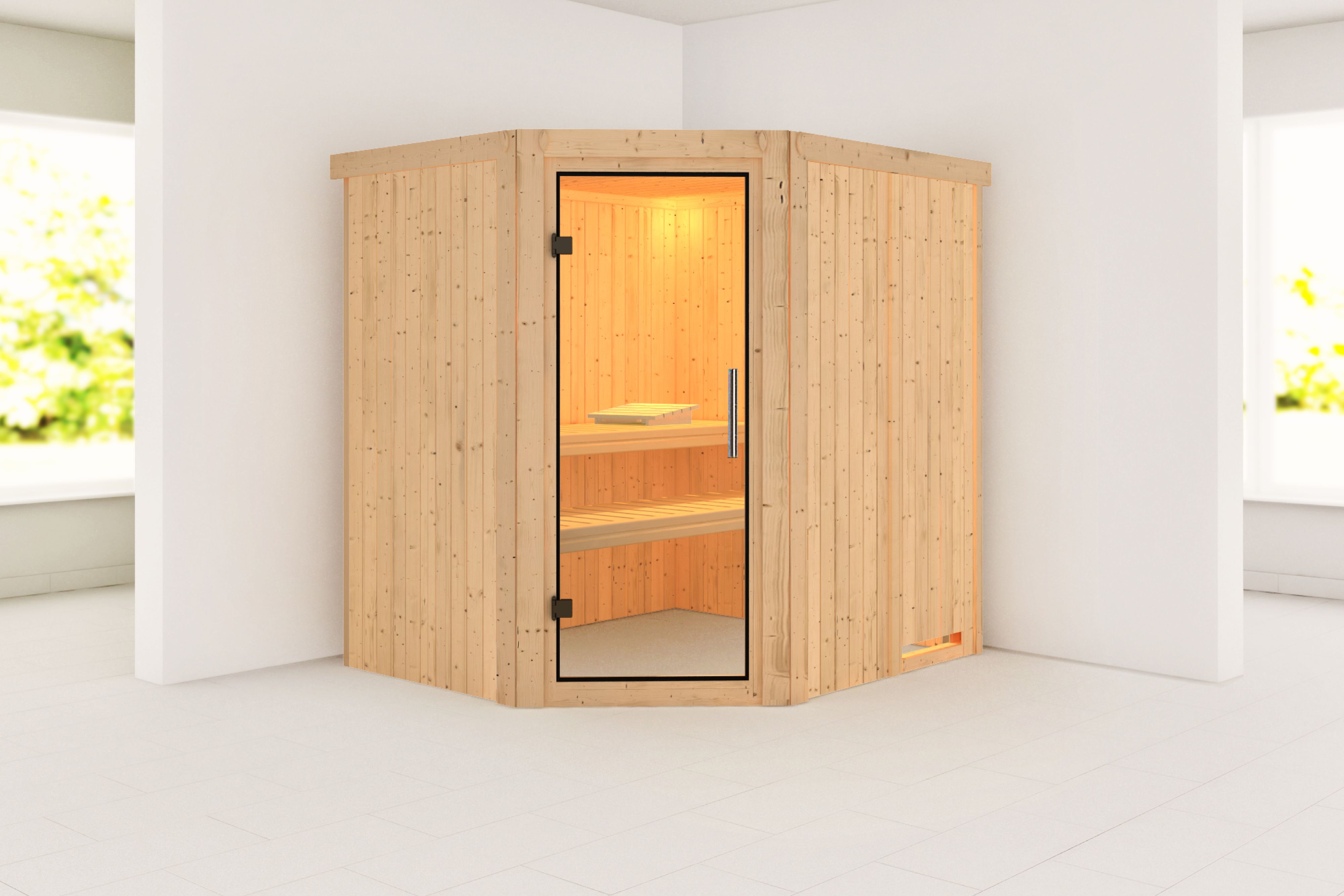Außenansicht der Karibu Sauna Siirin aus nordischer Fichte mit Klarglas-Ganzglastür und Fronteinstieg