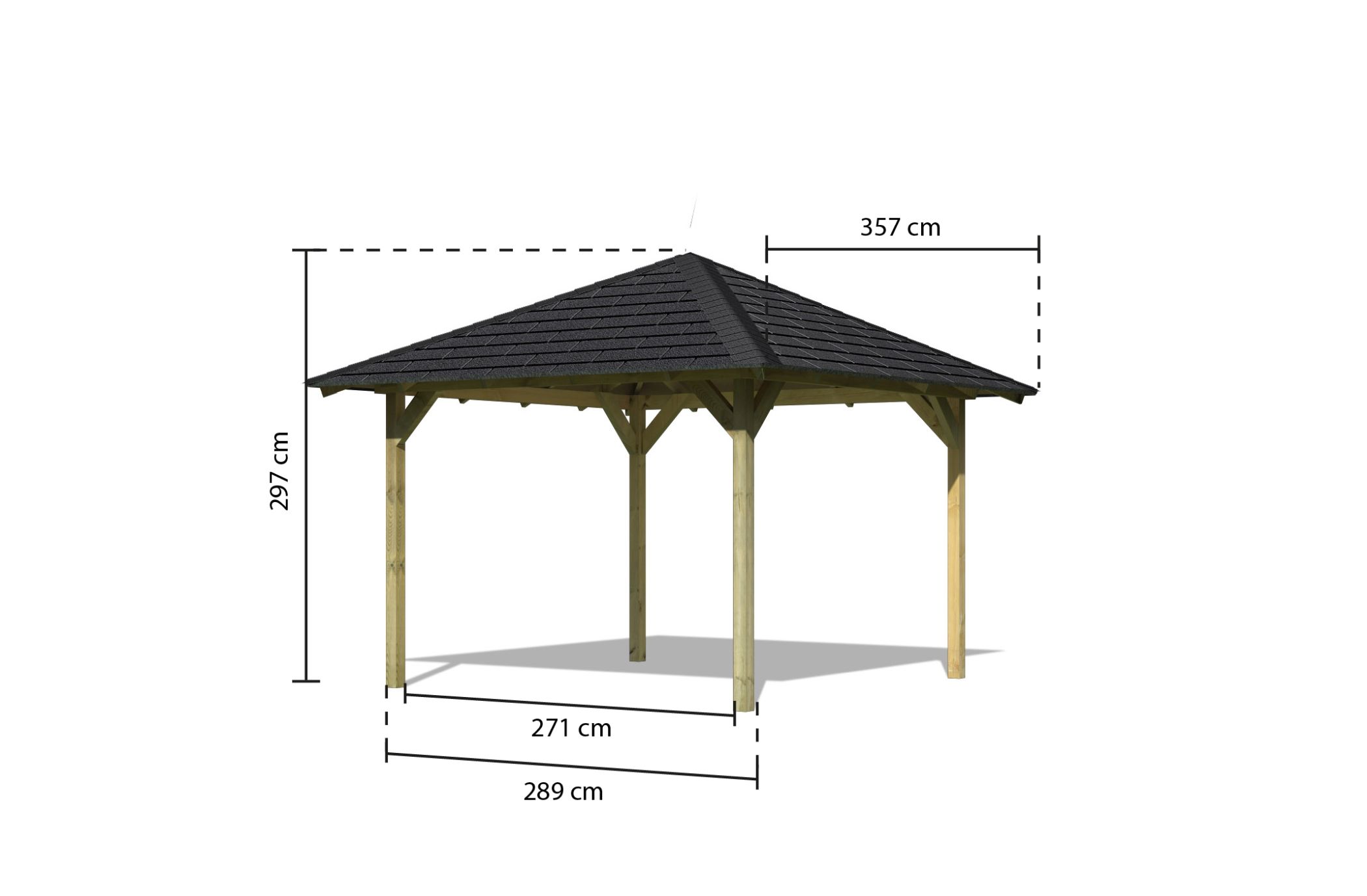 Maßzeichnung des Karibu Pavillon Cordoba mit Dachmaß 357 × 357 cm und Firsthöhe 297 cm