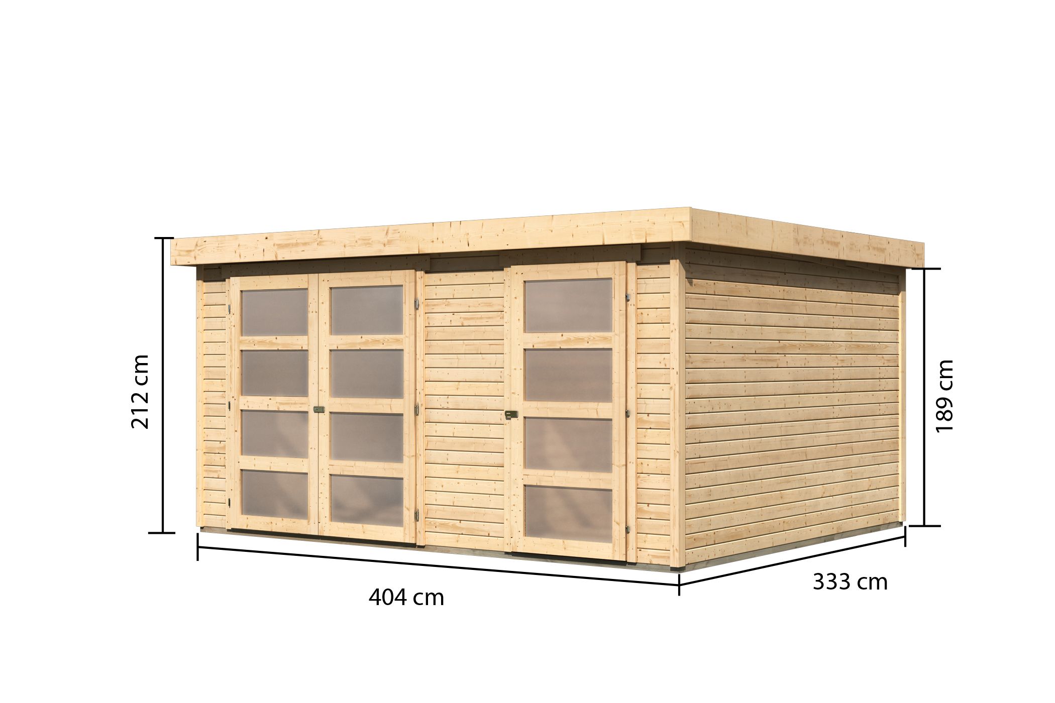 Bemaßte Maßzeichnung des Karibu großes Gerätehaus Mühlentrup 3, 404 × 332 cm