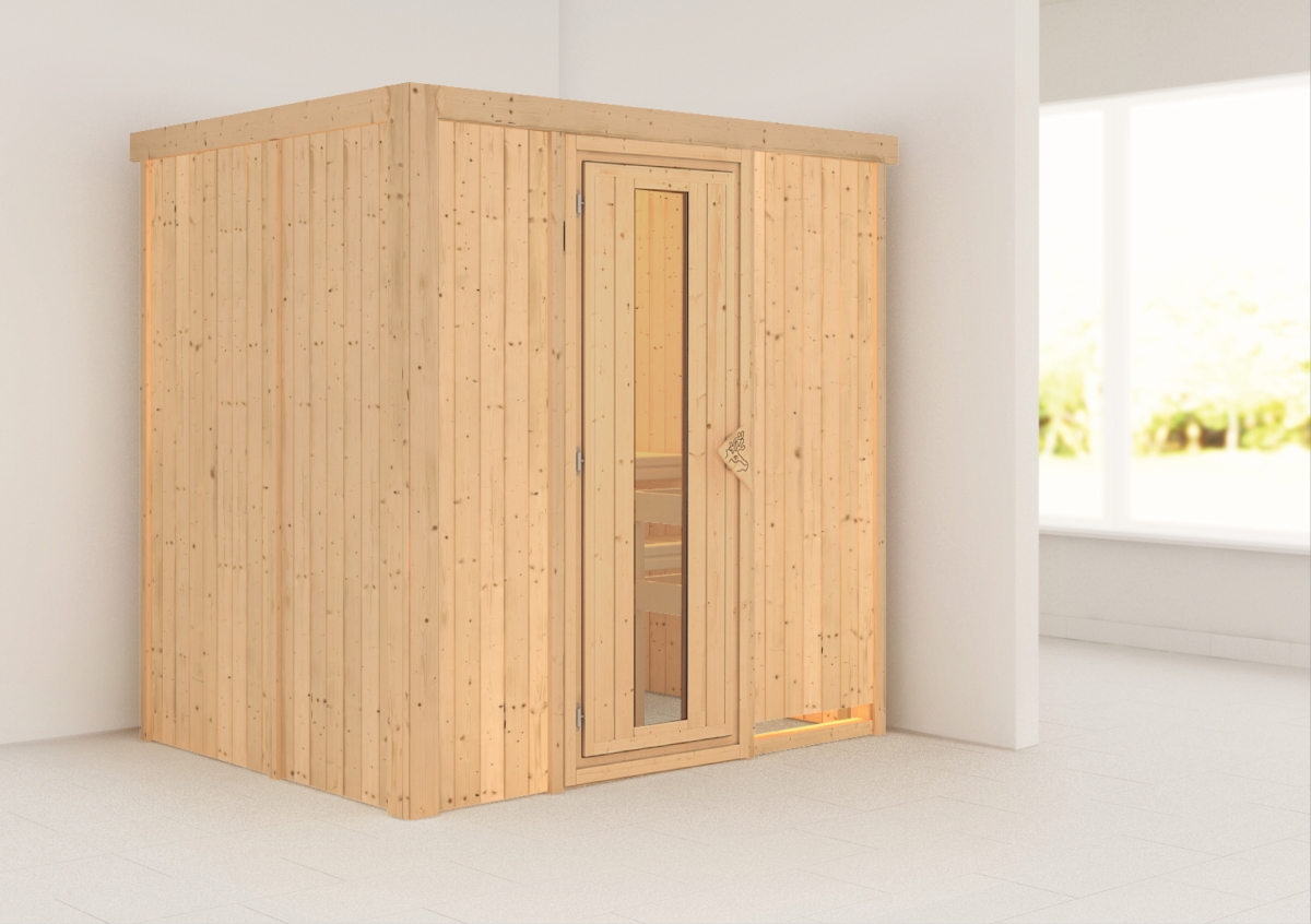 Außenansicht der Karibu Sauna Bodin aus nordischer Fichte mit isolierter Holztür und Fronteinstieg