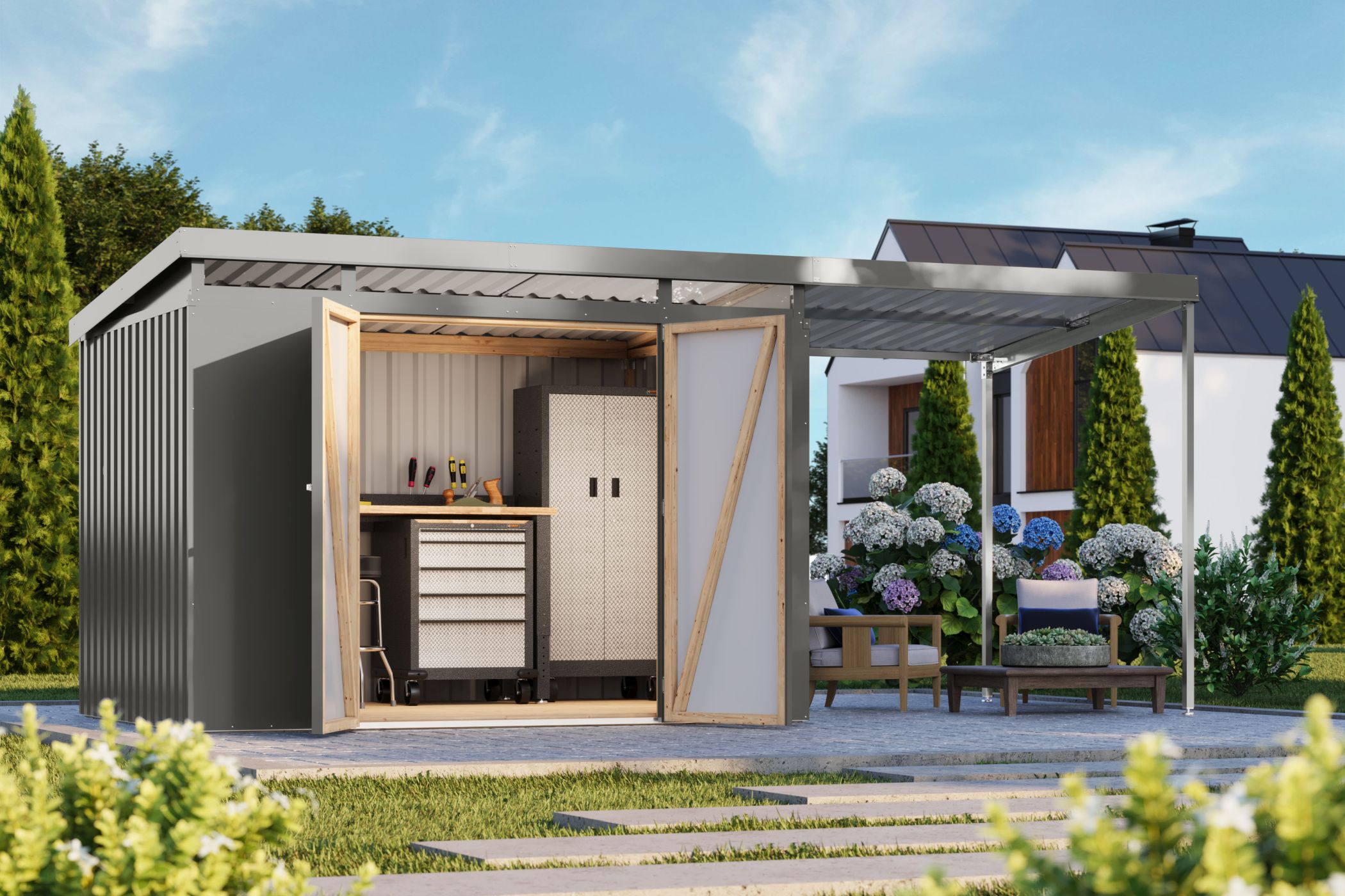 Karibu Gerätehaus aus Metall Iridium 3 in Graualuminium im Garten