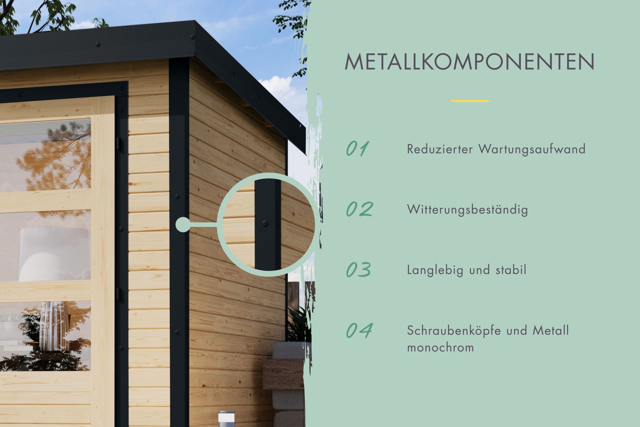 Metallkomponenten des Karibu Gartenhaus Holz & Metall Pluto 1 für wartungsarme Ecken und Dachleisten