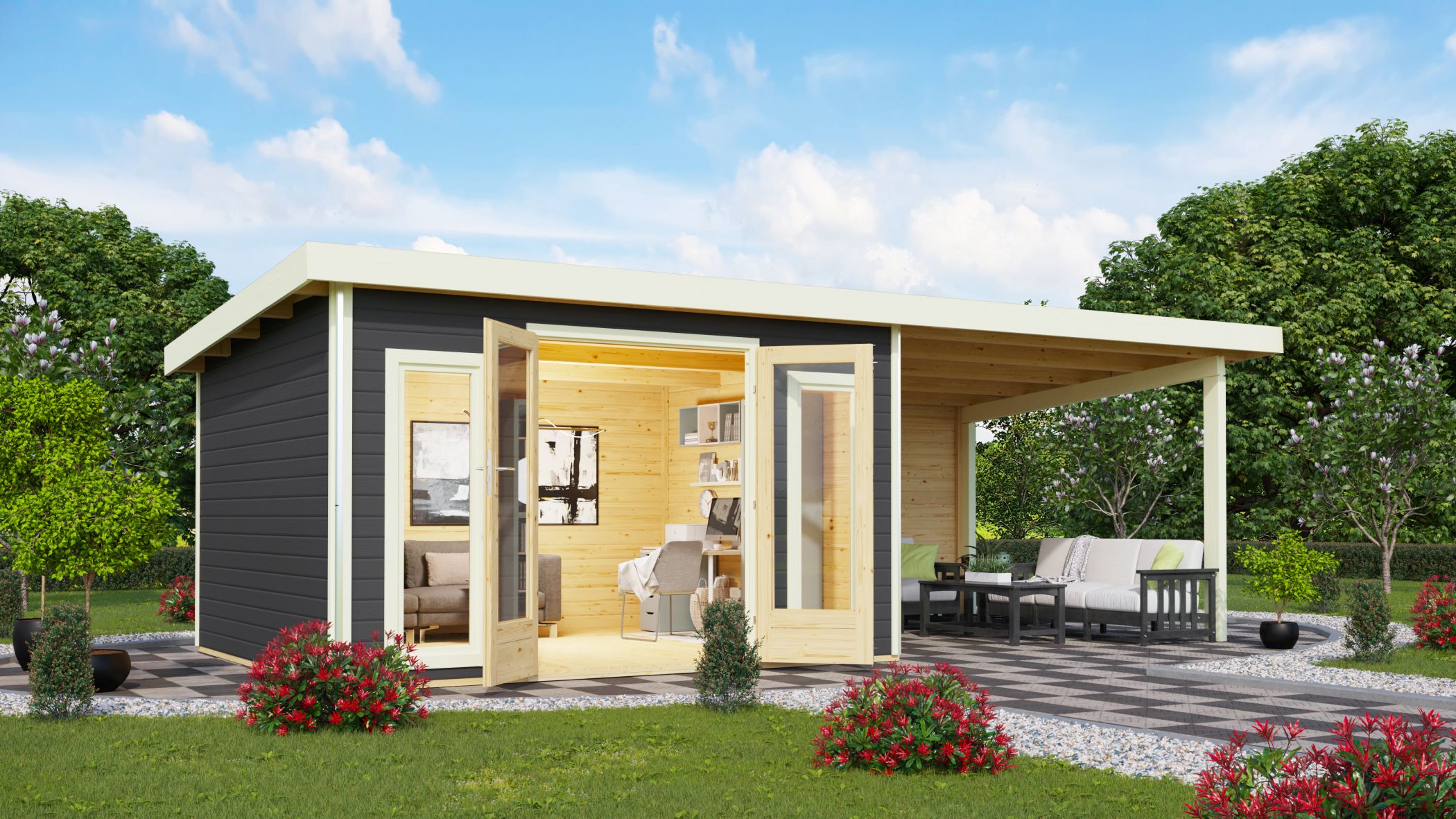 Karibu Poolhaus Radeburg 2 in Terragrau und Anbaudach im Garten