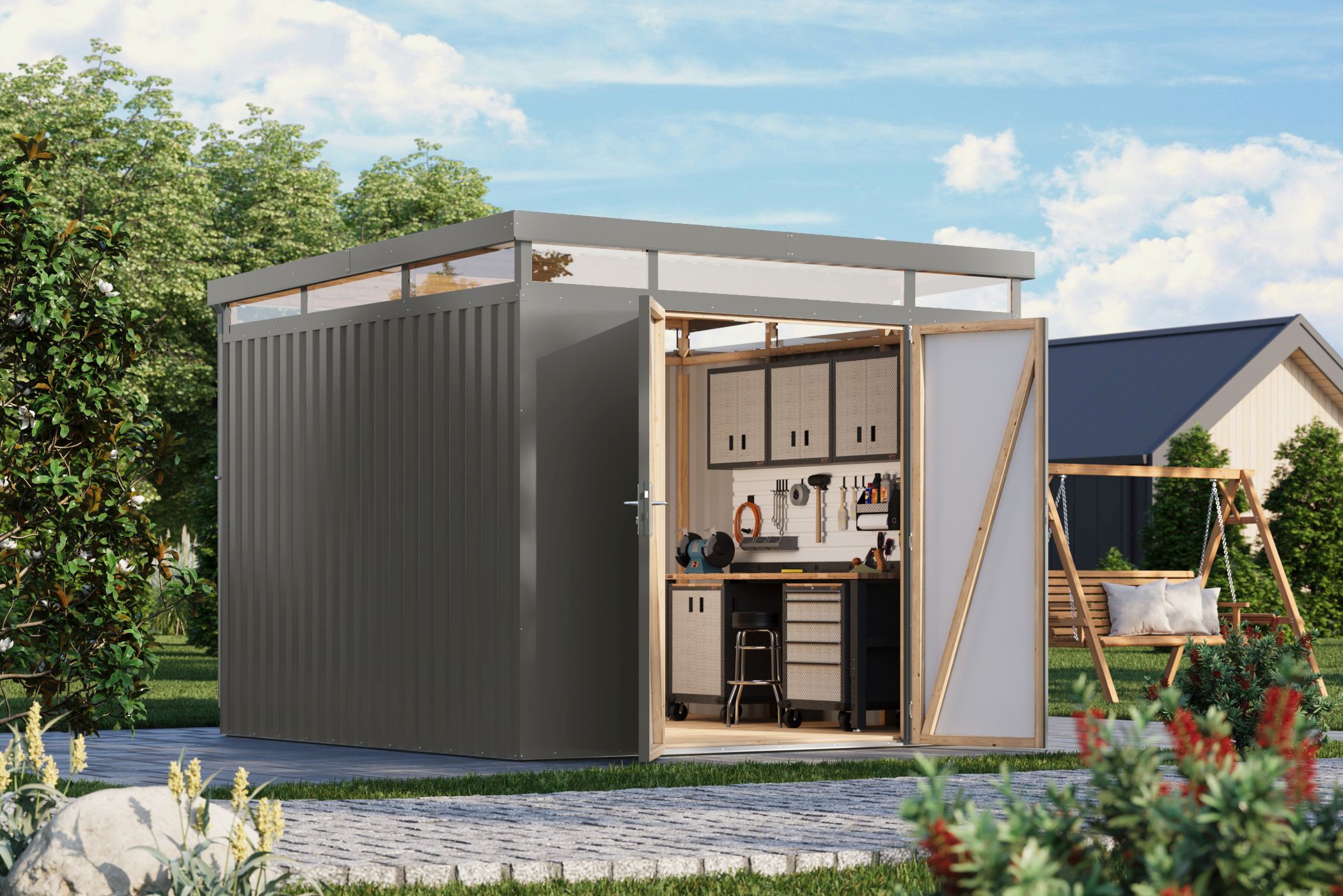 Karibu großes Gerätehaus aus Metall Aurum 3,5 in Graualuminium im Garten