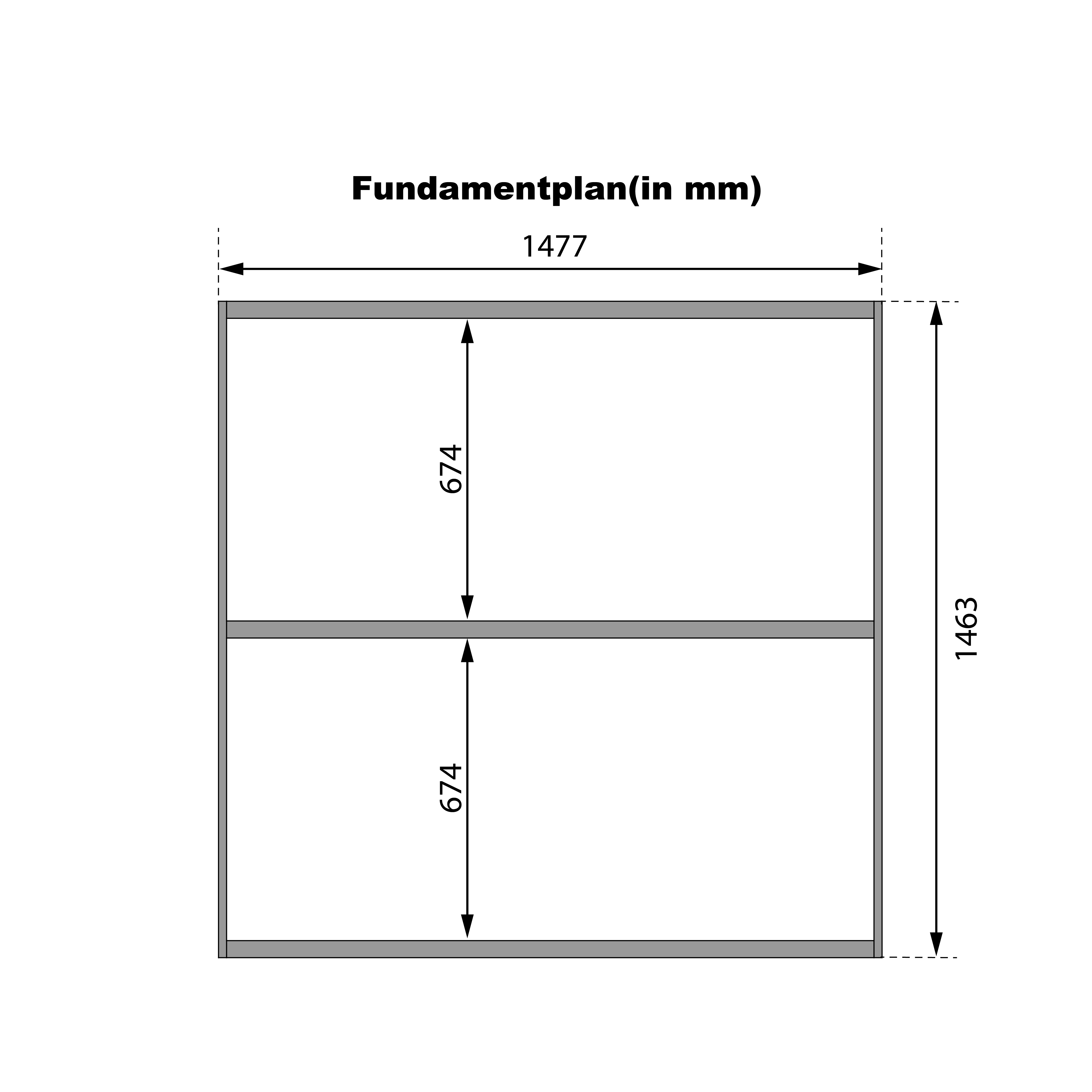 Bemaßter Fundamentplan der Karibu Fasssauna Quadro 1 mit Bodenbalken-Raster für die Vorbereitung des Untergrunds