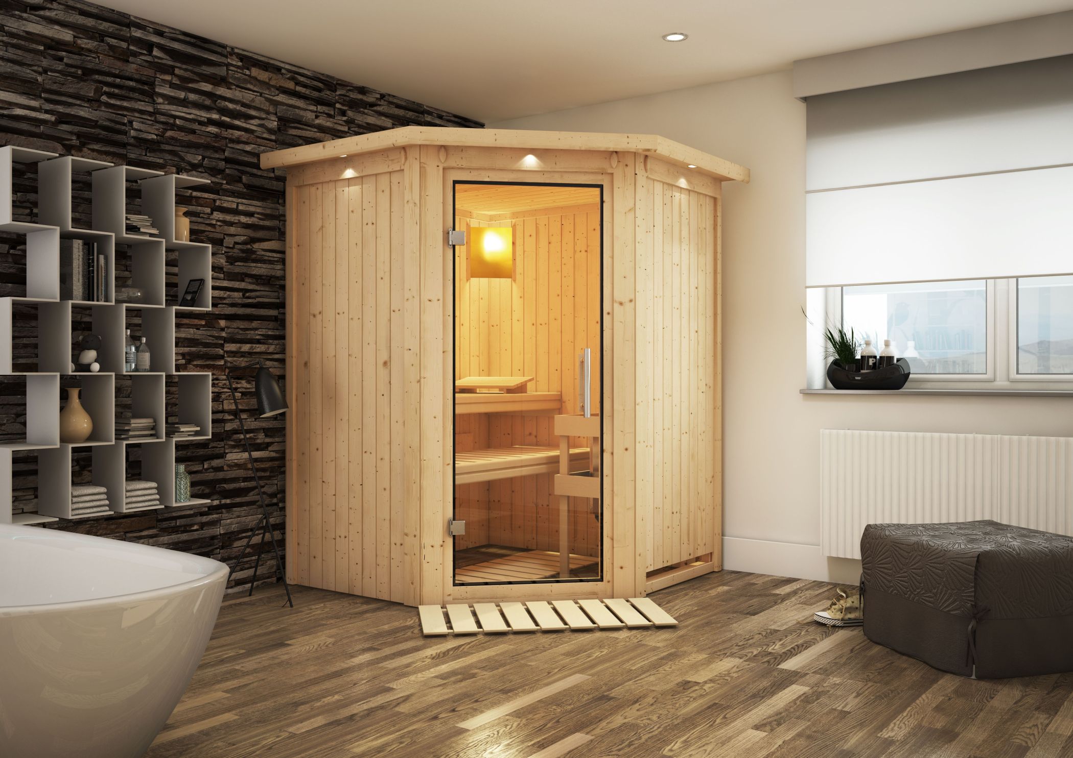 Karibu Sauna Nanja als hochwertige Sauna aus nordischer Fichte im Wohnraum-Ambiente