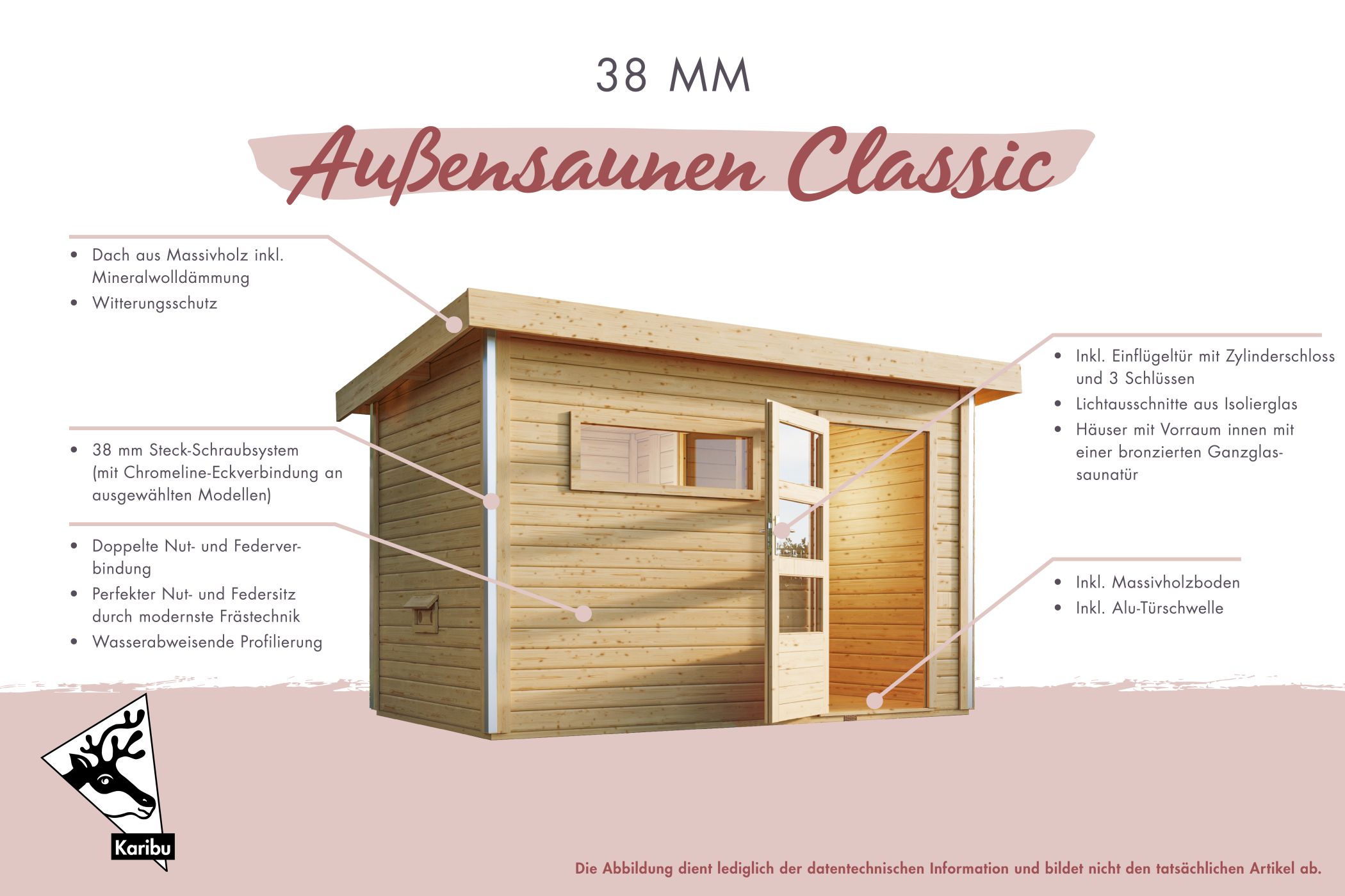Karibu Saunahaus Mainburg 5 als Gartensauna aus Massivholz im Garten mit Glasfront