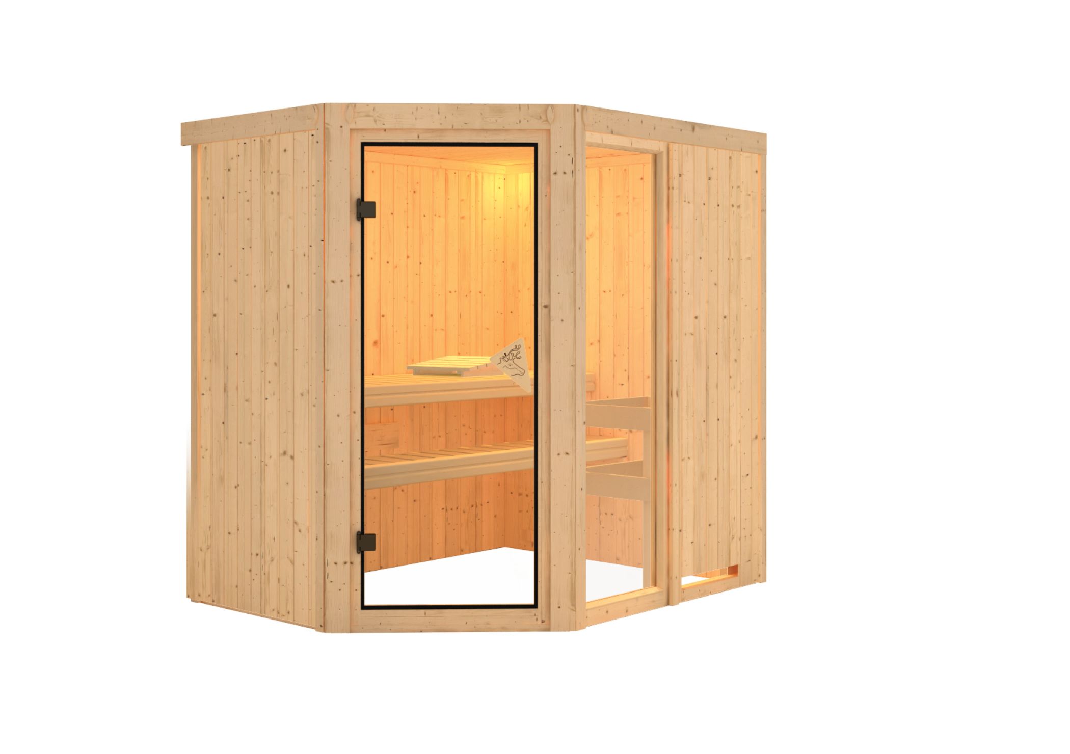 Innenansicht der Karibu Sauna Fiona 1 mit Liegen und Kopfstütze aus hellem Espenholz
