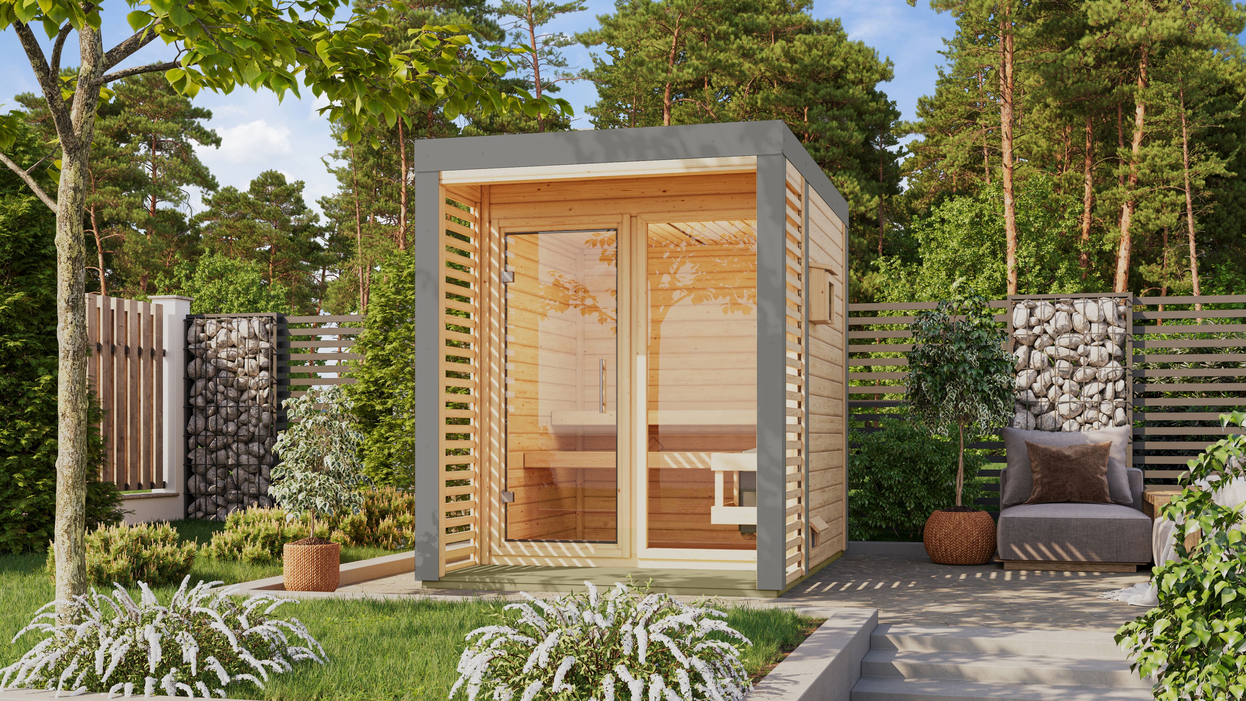 Karibu Saunahaus Ares 1 als Gartensauna aus Massivholz im Garten mit Glasfront