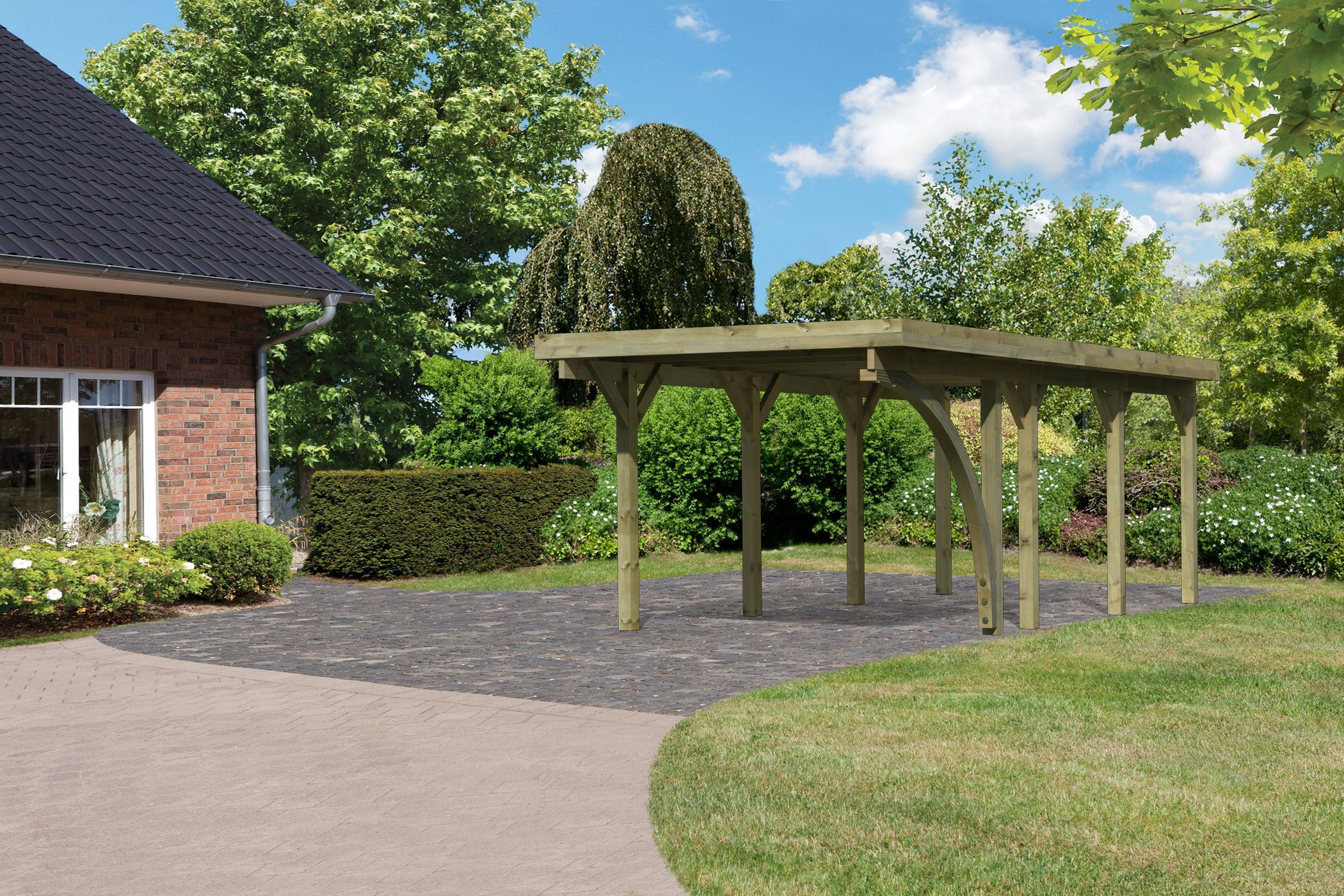 Außenansicht des Karibu Einzelcarport Classic 2 aus KDI-Massivholz mit Flachdach im Garten aufgebaut