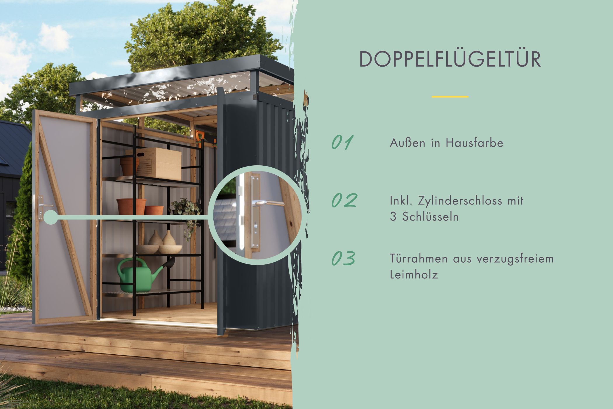 Doppelflügeltür des Karibu großes Gerätehaus aus Metall Aurum 3,5 mit Zylinderschloss und Kunstglas