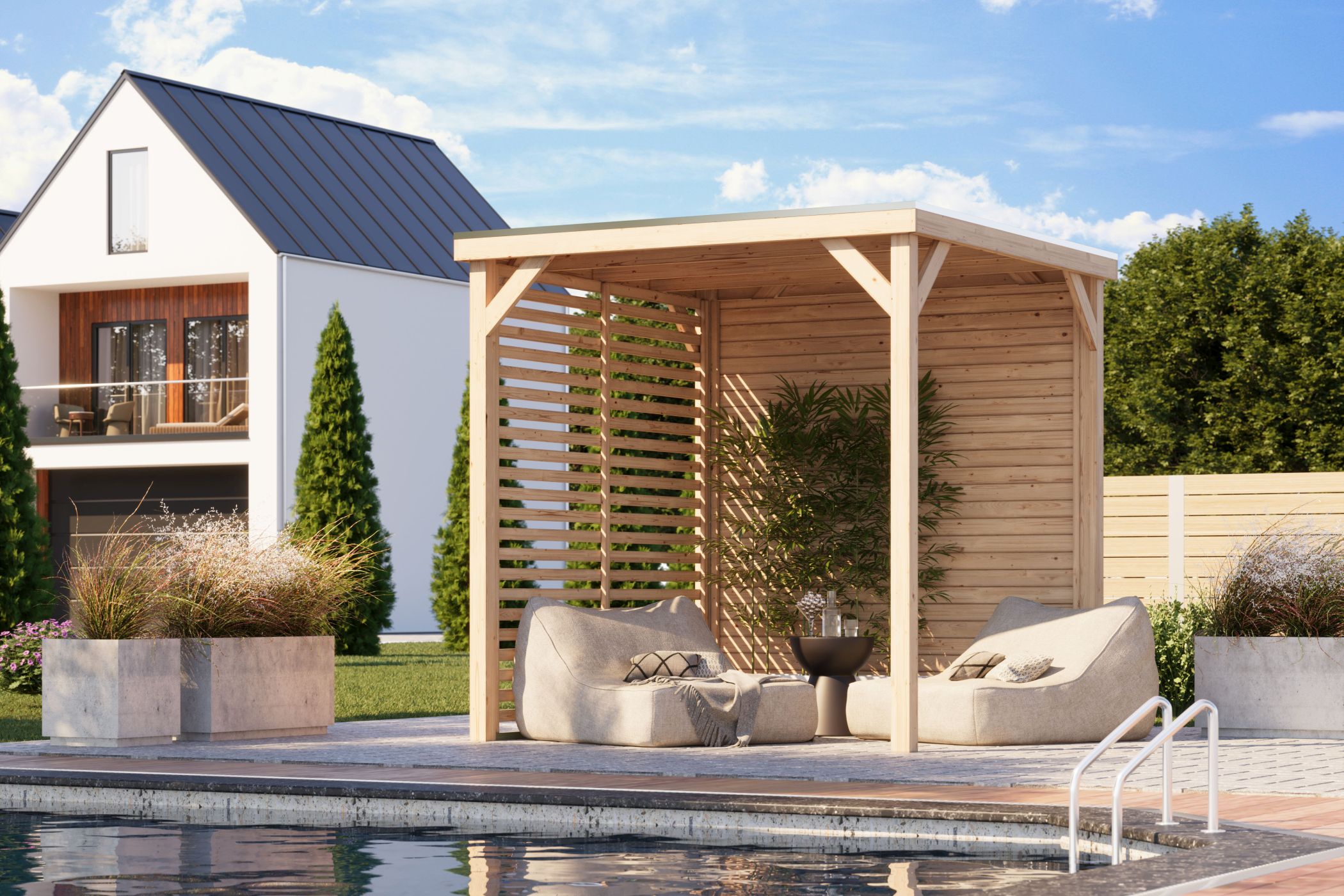 Karibu Cubeco Pavillon aus Leimholz mit Flachdach im Garten als Ambiente-Ansicht
