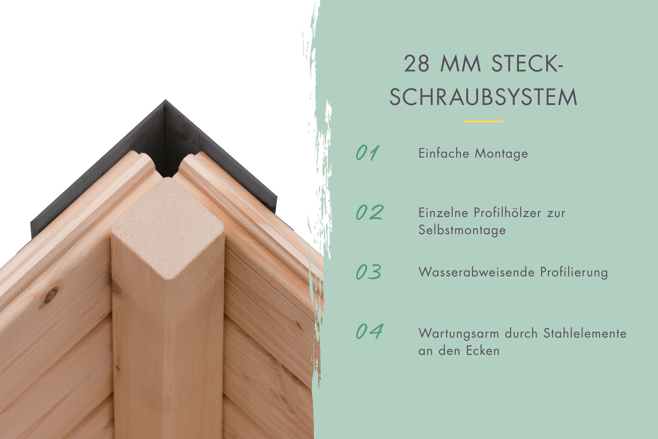 28-mm-Steck-Schraubsystem des Karibu Gartenhaus Holz & Metall Pluto 3 mit Stahlecken