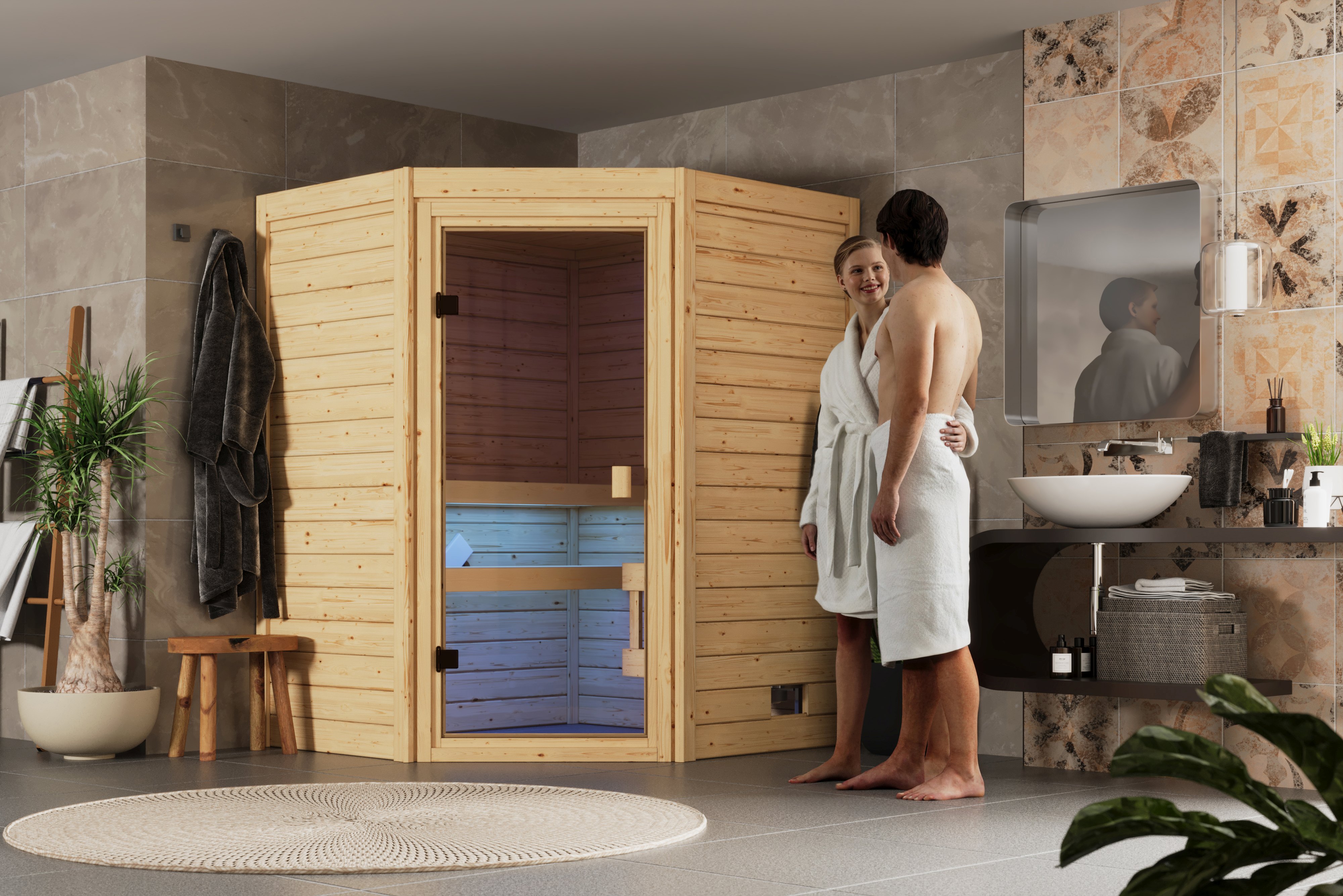 Karibu Sauna Eda als stimmungsvoller Wellnessbereich in einem modern eingerichteten Wohnraum