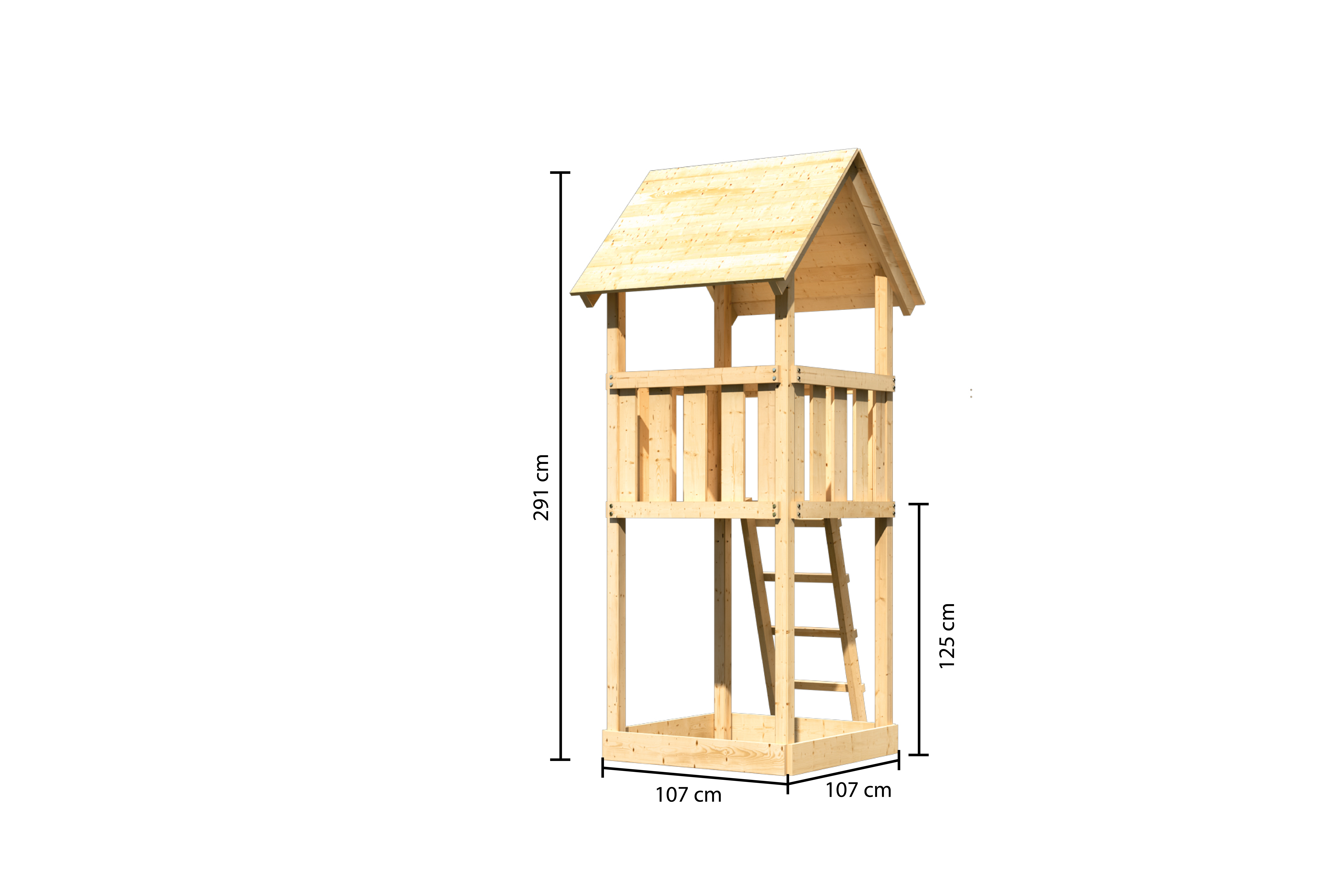 Maßzeichnung der Karibu Spielturm Lotti mit Bemaßung von Grundfläche und Höhe
