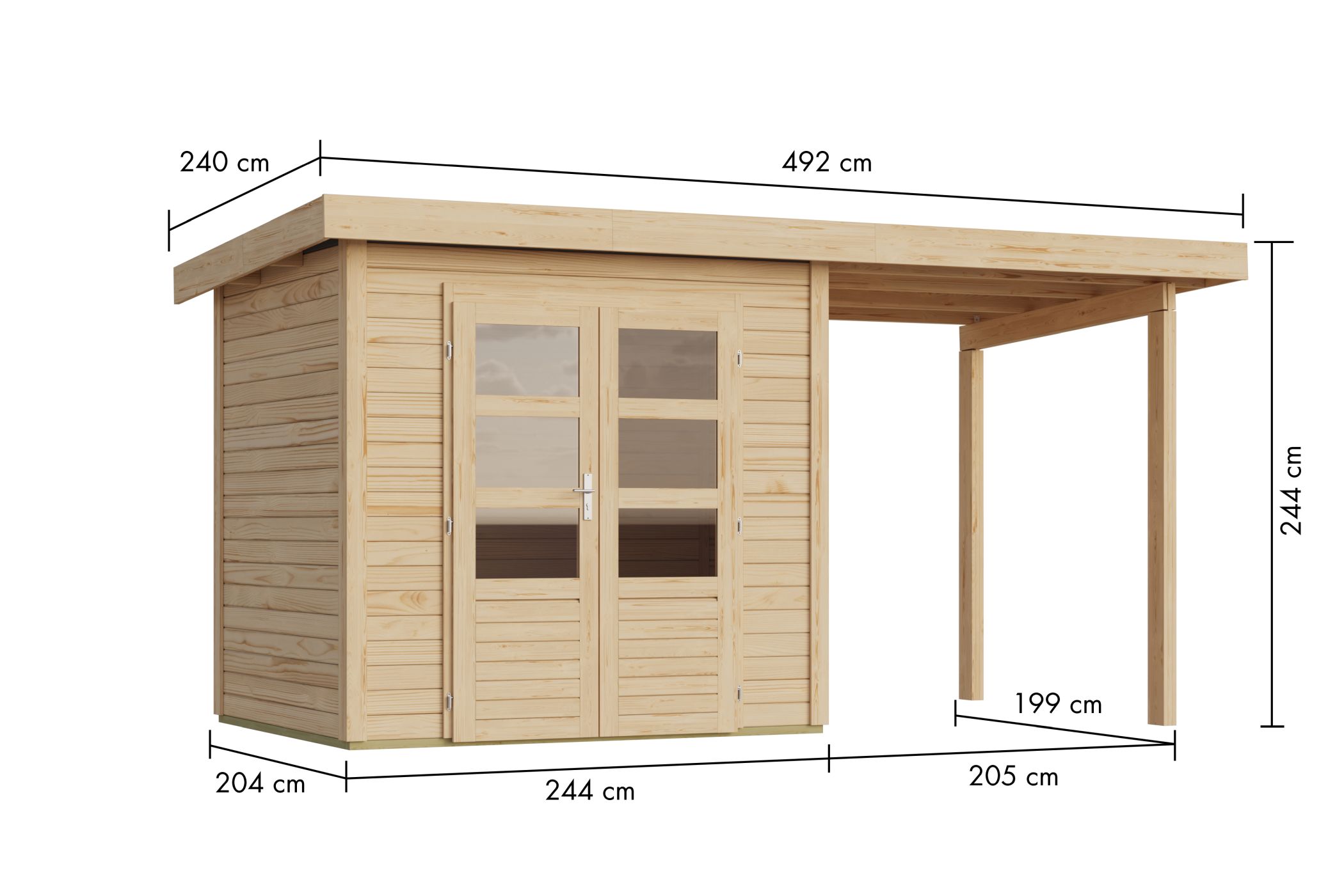 Bemaßte Maßzeichnung des Karibu Gartenhaus Kolbin 2 XXL, 492 × 240 cm