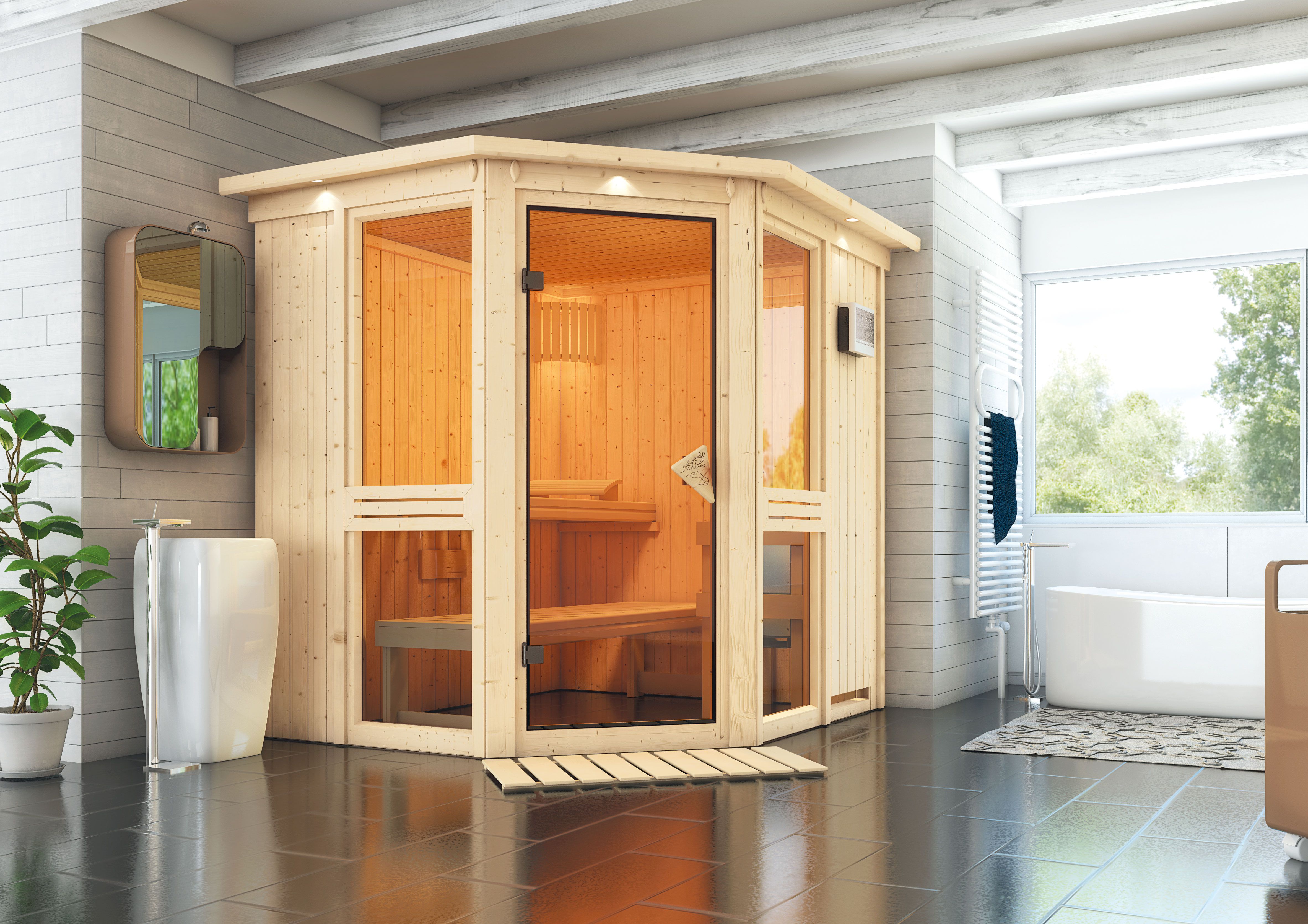 Karibu Sauna Amelia 1 als hochwertige Sauna aus nordischer Fichte im Wohnraum-Ambiente