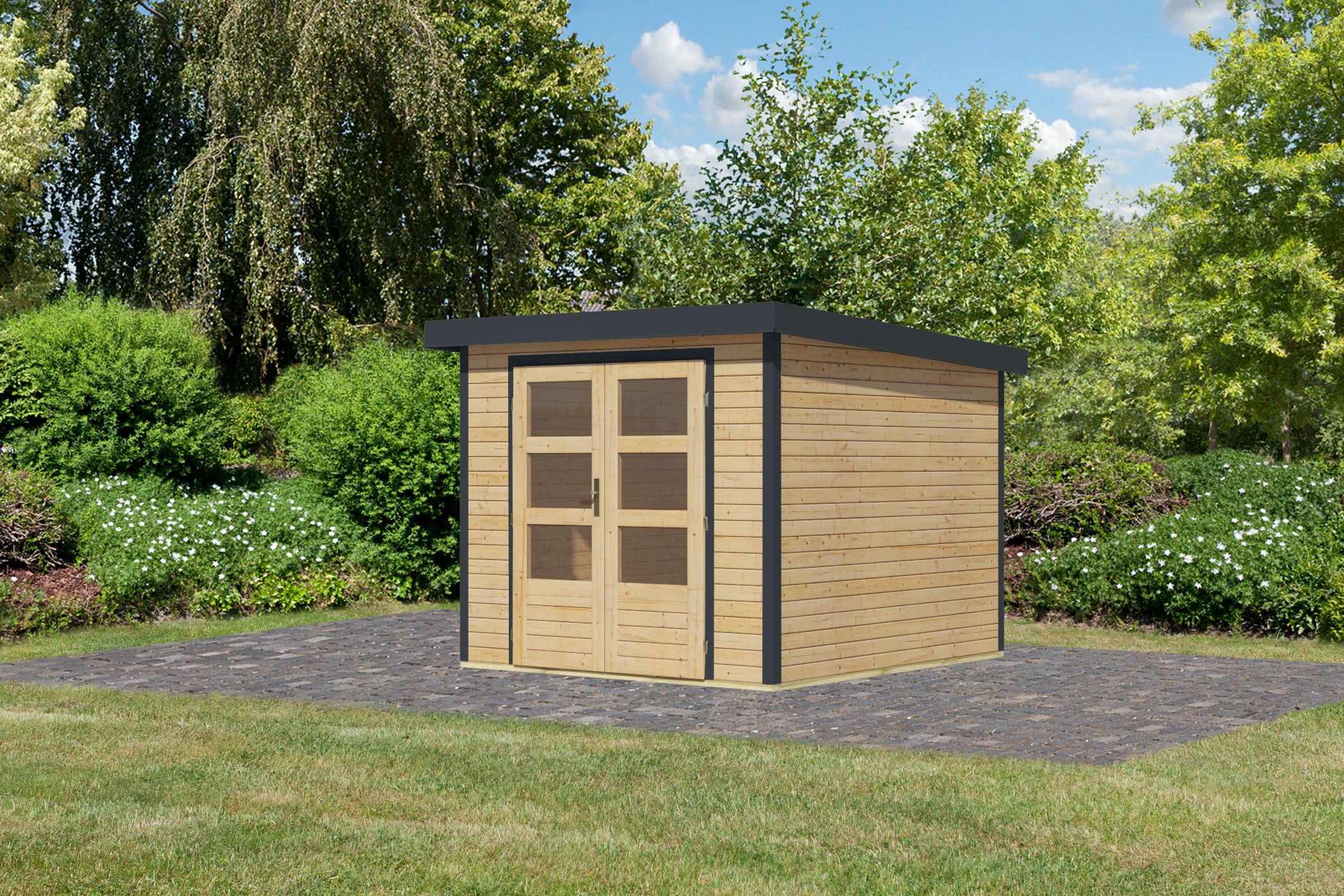 Karibu Gartenhaus Holz & Metall Jupiter 3,5 in Naturbelassen mit Metall in Anthrazit, Außenansicht