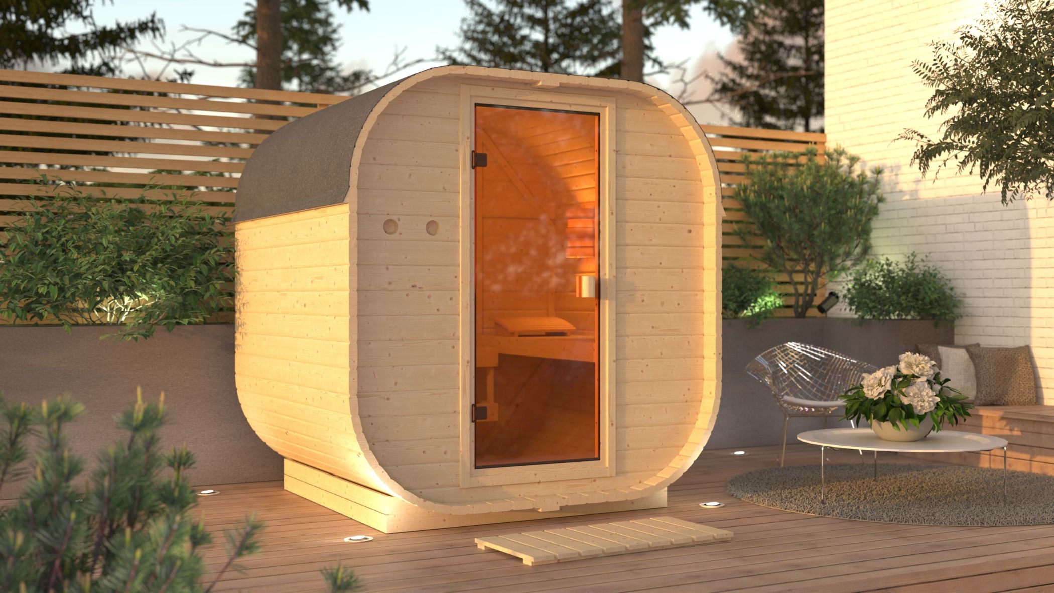 Karibu Fasssauna Quadro Mini Basic als Fasssauna in Tonnenform aus Massivholz aufgebaut im Garten