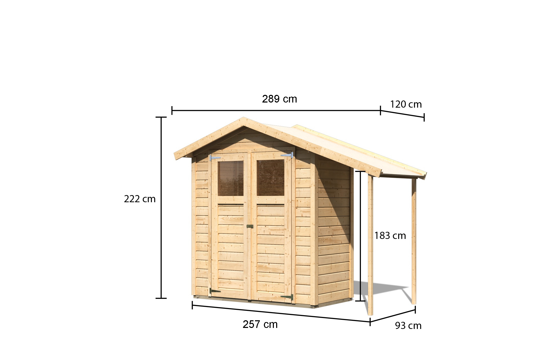 Maßzeichnung der Karibu kleines Gerätehaus Dana mit Bemaßung von Grundfläche und Höhe