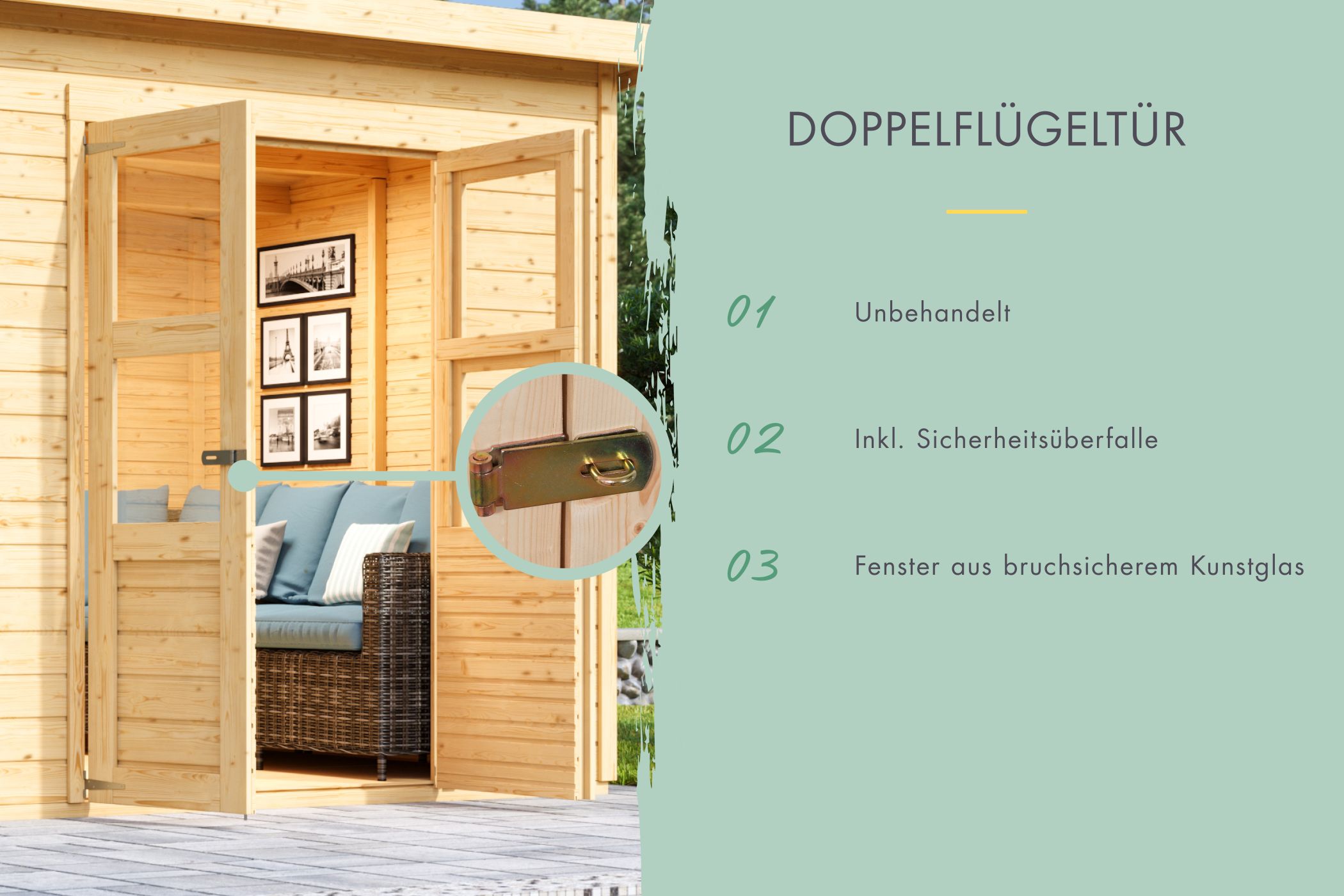 Doppelflügeltür des Karibu Gerätehaus Merseburg 5 mit Zylinderschloss und Kunstglas