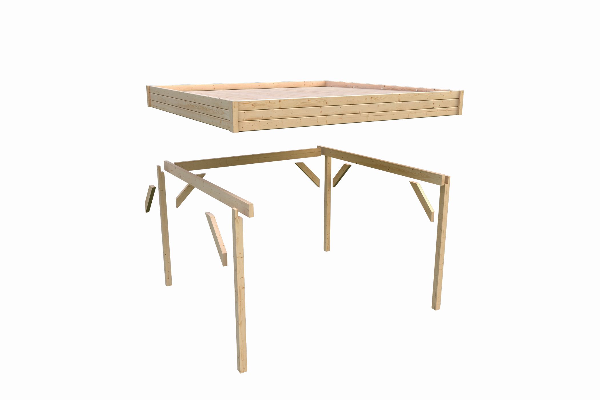 Aufbaudarstellung des Karibu Cubeco Pavillon halb mit Pfosten, Querverbindern und Flachdach im Überblick