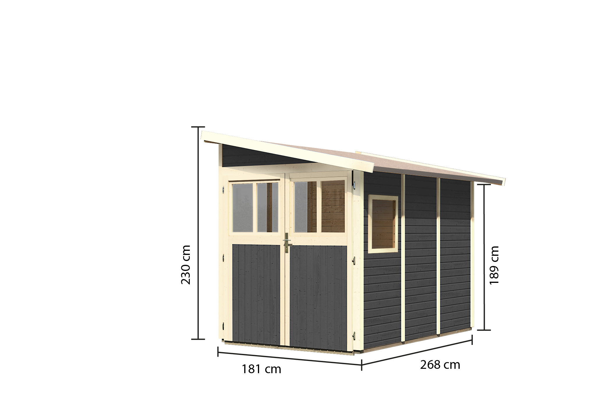 Bemaßte Maßzeichnung des Karibu Gerätehaus Wandlitz 3 mit Bemaßung