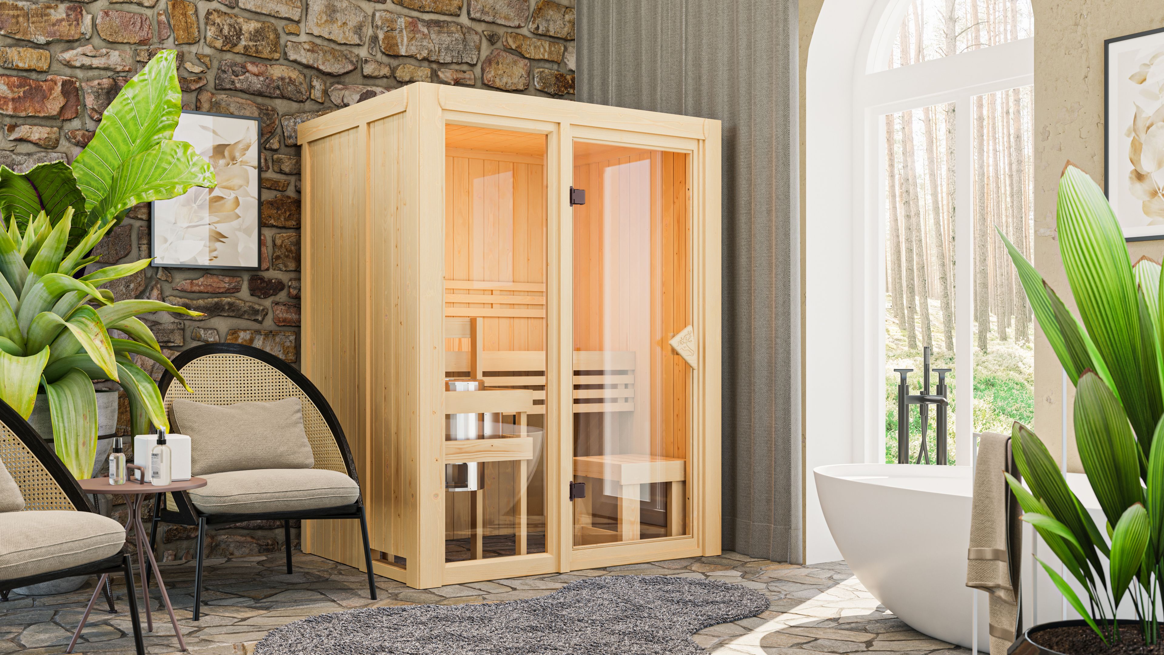 Karibu Sauna Avari 1 als hochwertige Sauna aus nordischer Fichte im Wohnraum-Ambiente