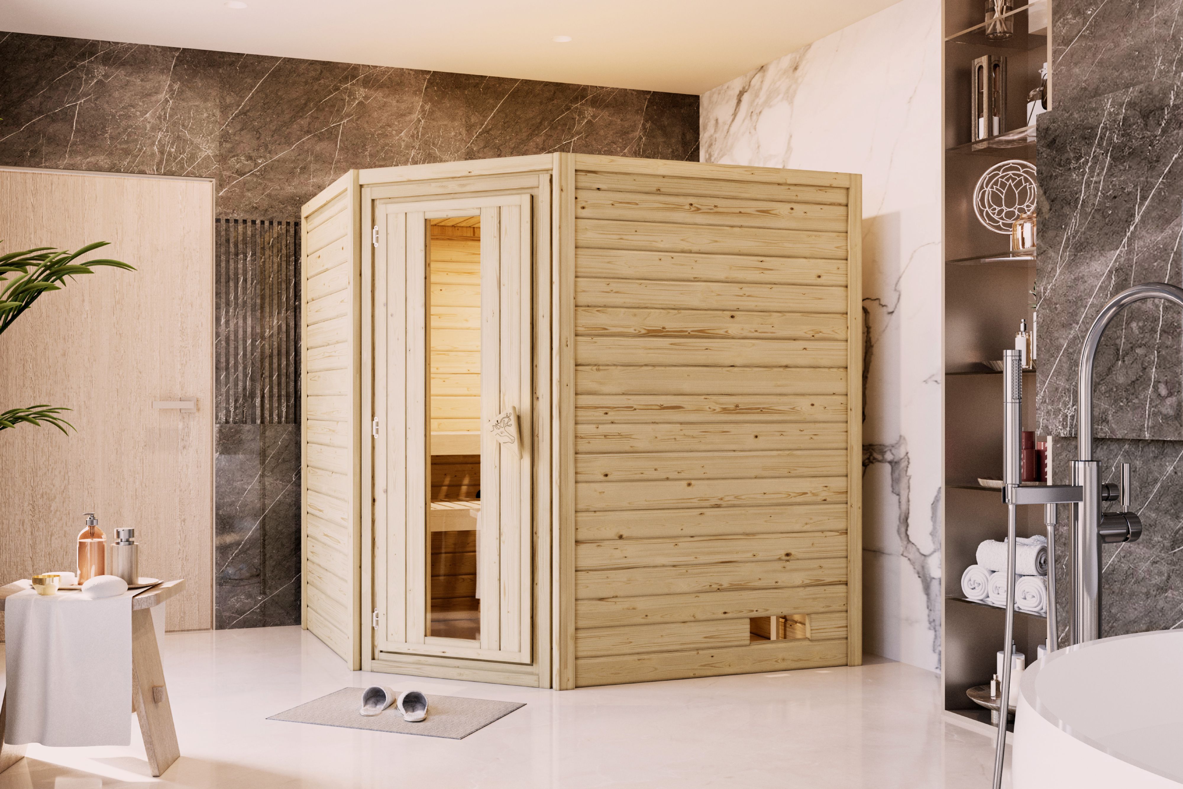 Karibu Sauna Mia als hochwertige Sauna aus nordischer Fichte im Wohnraum-Ambiente