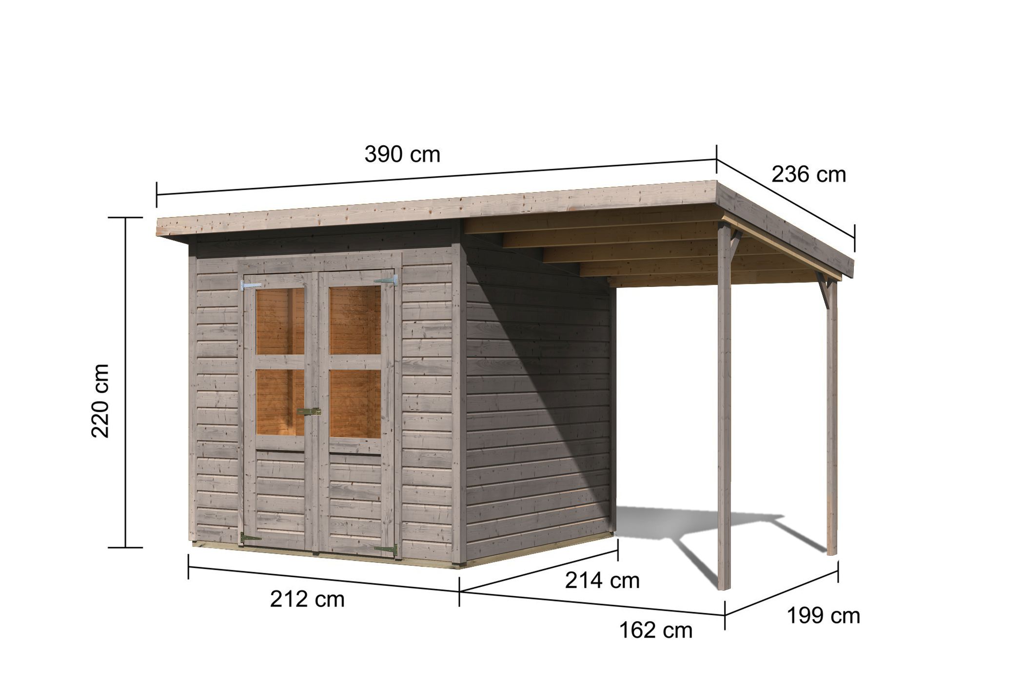 Bemaßte Maßzeichnung des Karibu Gerätehaus Merseburg 4 mit Anbaudach, 390 × 236 cm