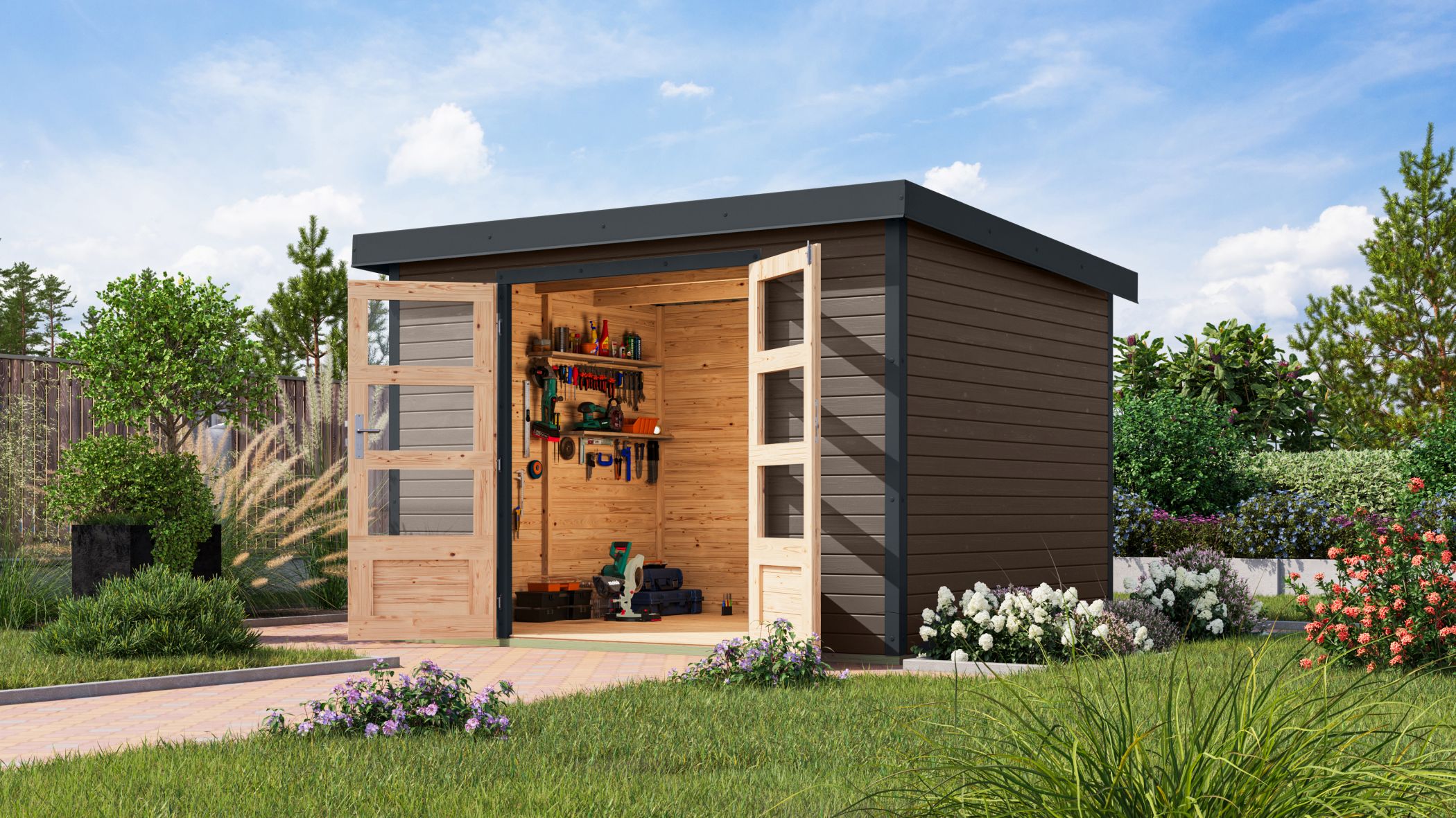 Karibu Gartenhaus Holz & Metall Jupiter 5 in Terragrau mit Metall in Anthrazit im Garten