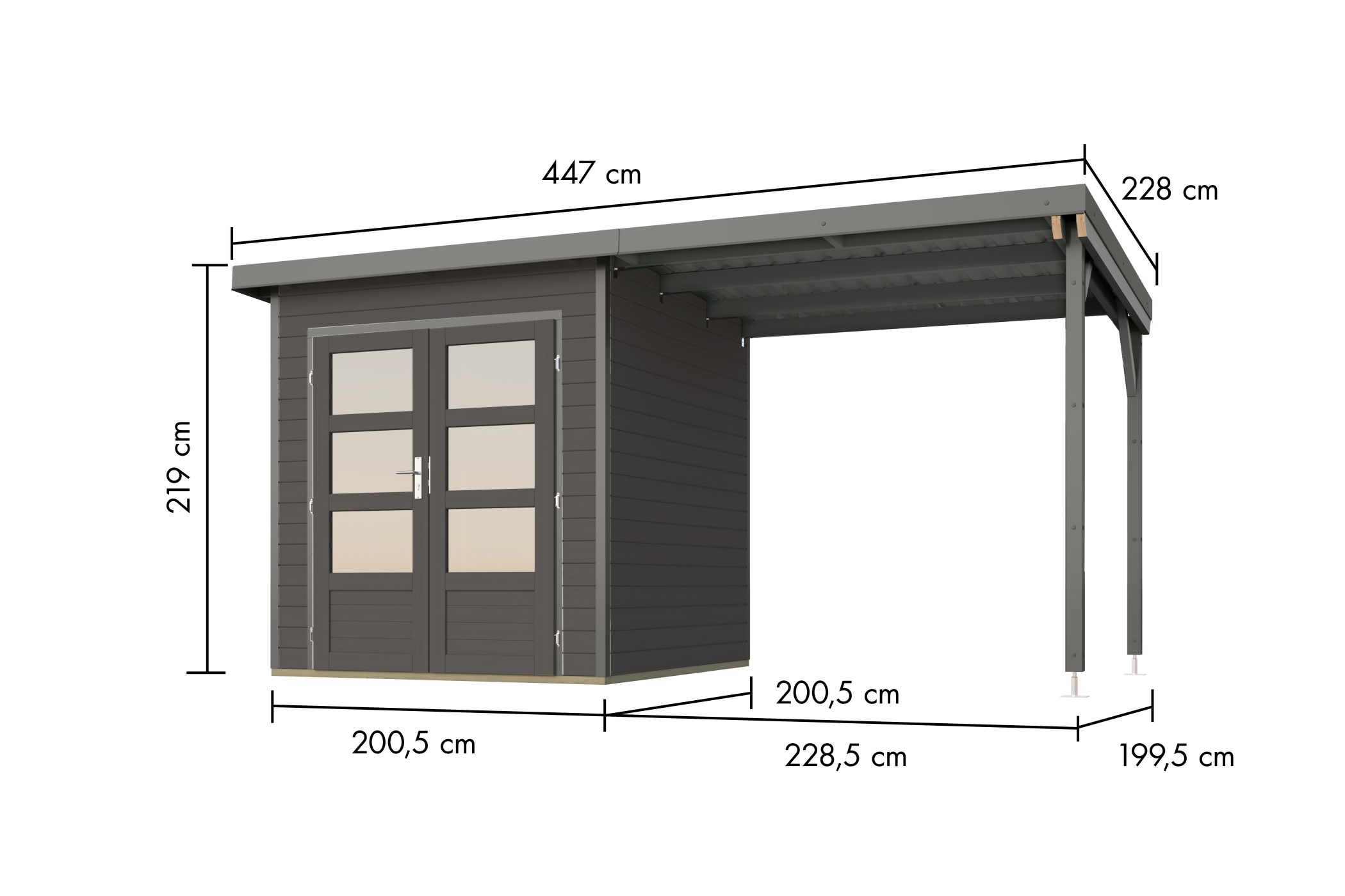 Bemaßte Maßzeichnung des Karibu Gartenhaus Holz & Metall Pluto 1 mit Anbaudach, 447 × 228 cm