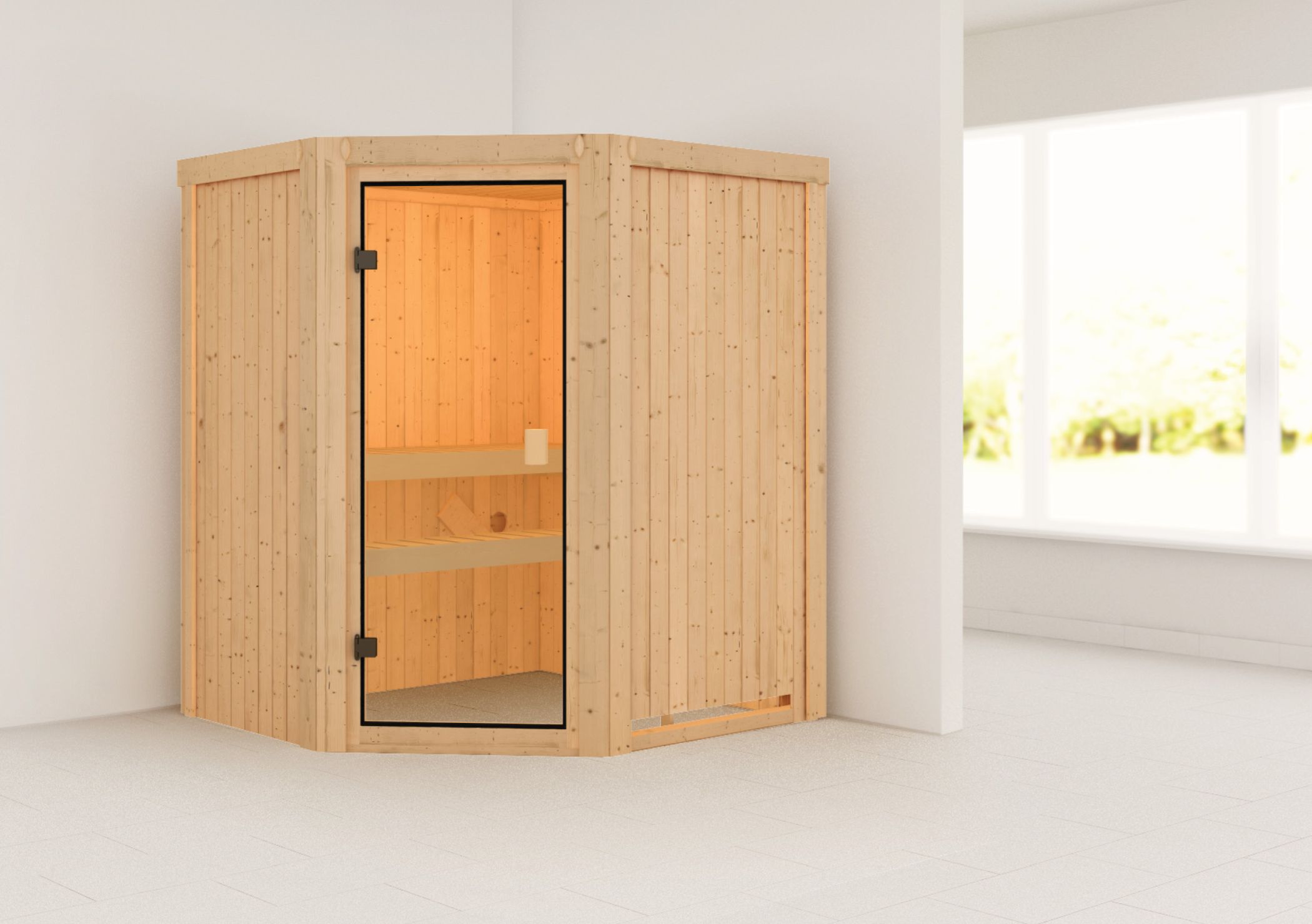 Außenansicht der Karibu Sauna Faurin aus nordischer Fichte mit Ganzglastür und Fronteinstieg