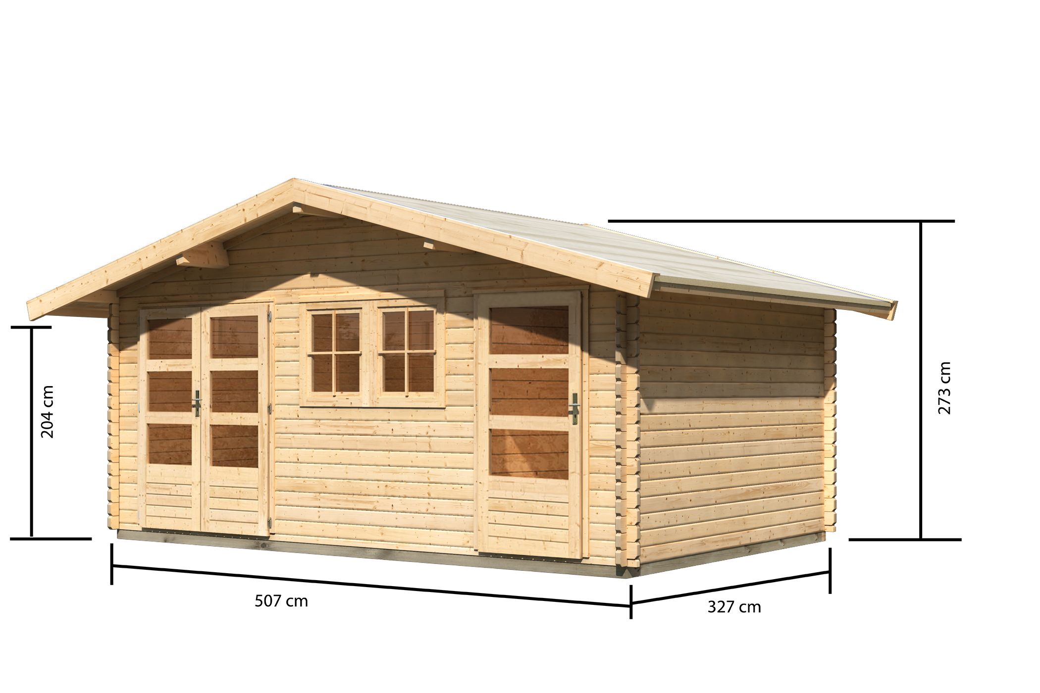 Maßzeichnung der Karibu großes Gartenhaus Lagor 2 mit Bemaßung von Grundfläche und Höhe