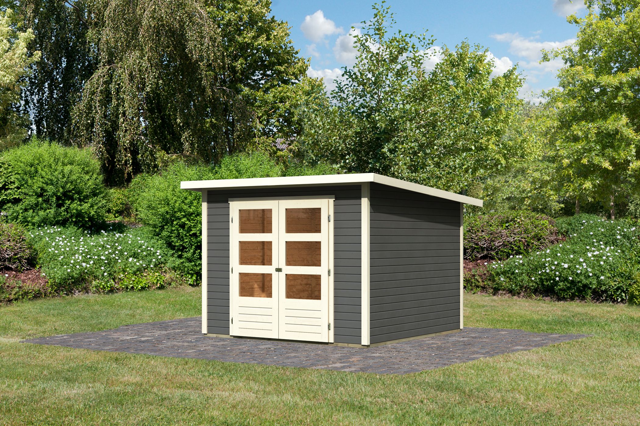Karibu Gerätehaus Stockach 4 in Terragrau, Außenansicht