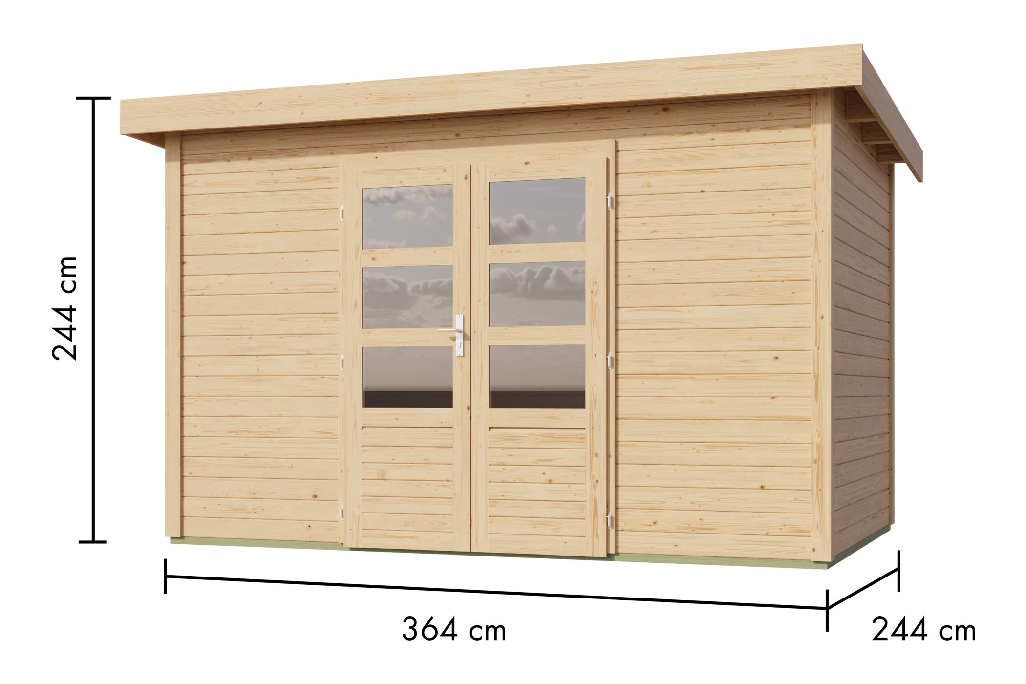 Bemaßte Maßzeichnung des Karibu Gartenhaus Kolbin 7 XXL (Extra hohe Tür) mit Bemaßung