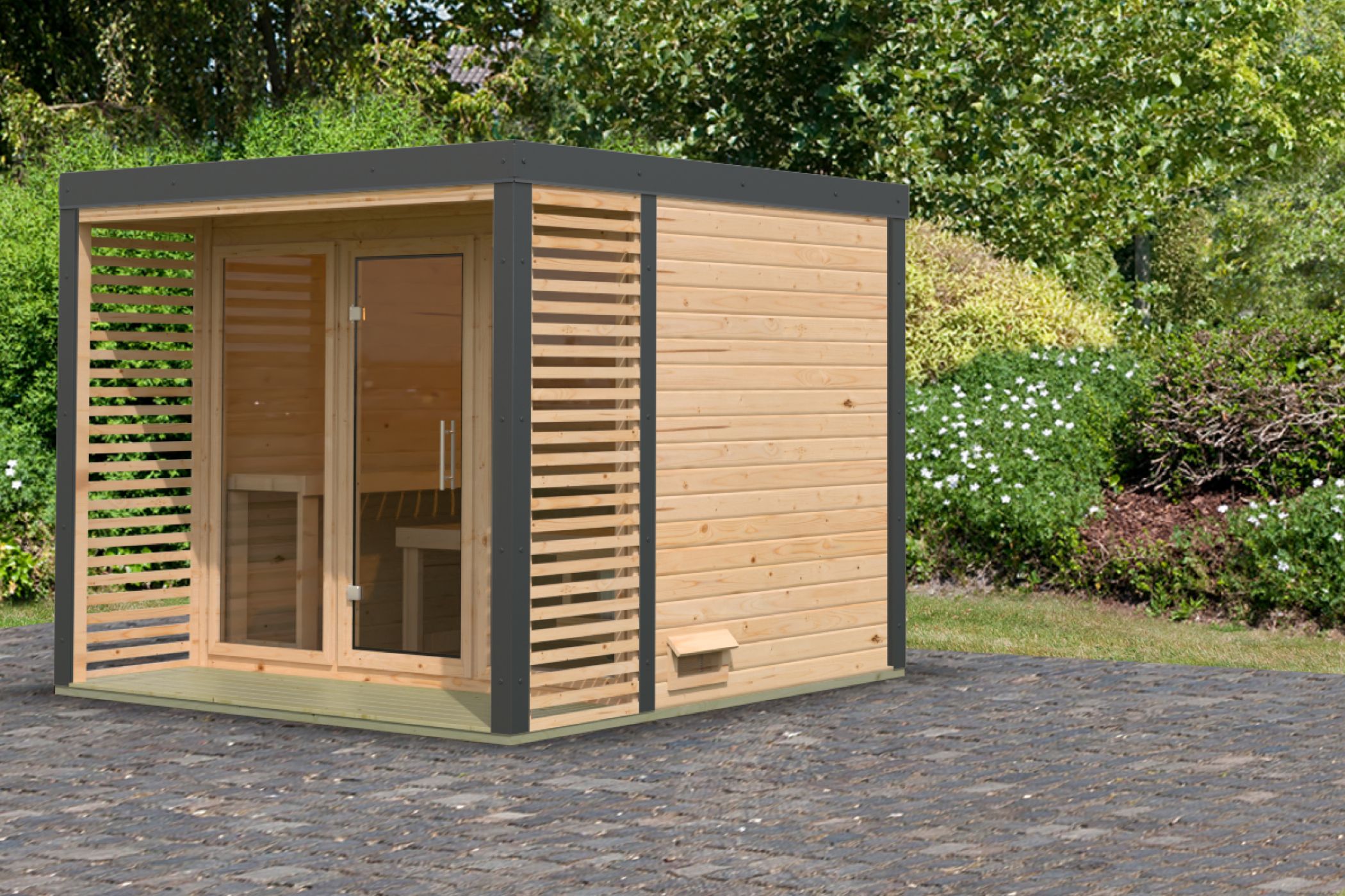 Karibu Saunahaus Ares 3 als Gartensauna aus Massivholz im Garten mit Glasfront