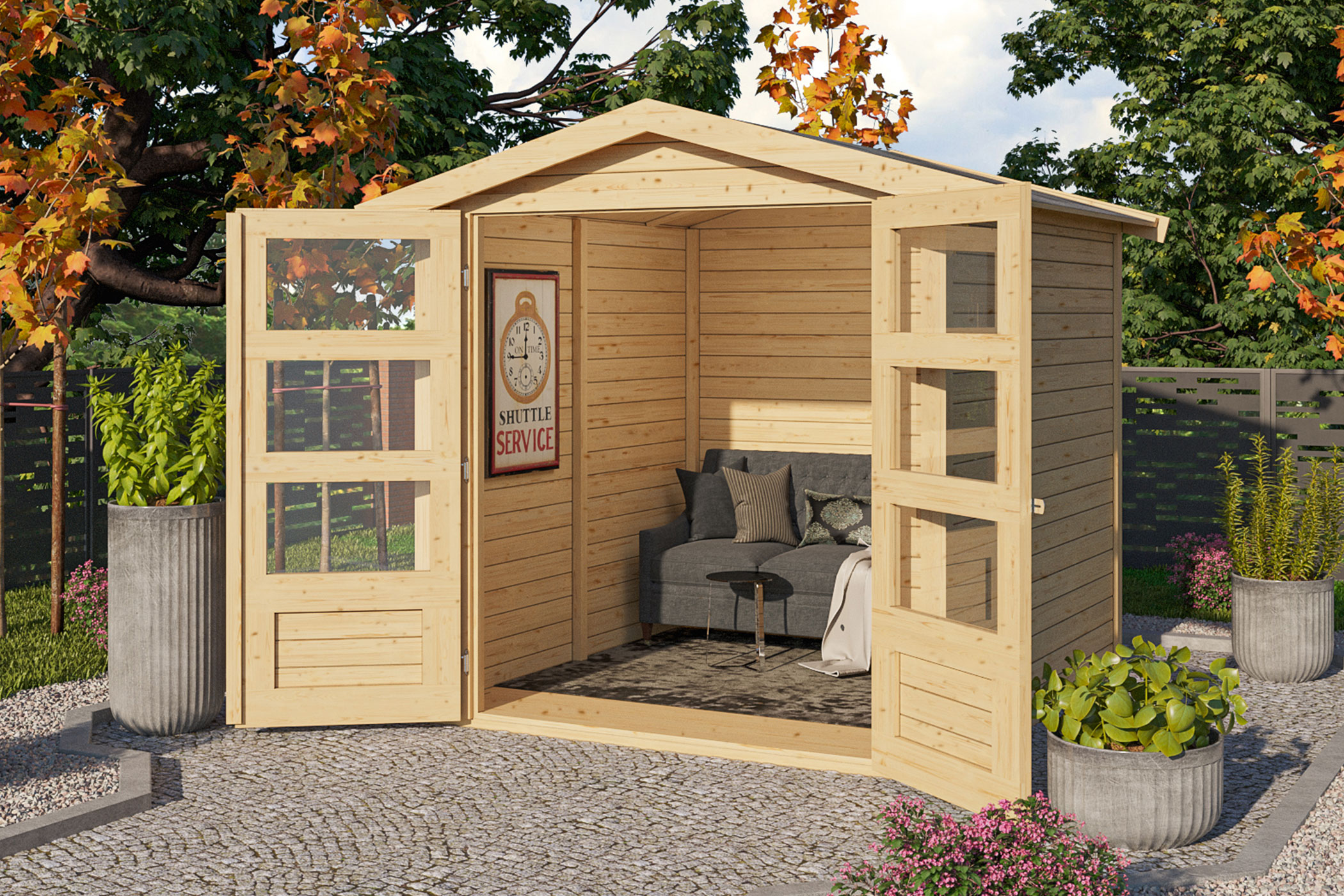 Karibu Gerätehaus Amberg 2 in Naturbelassen im Garten