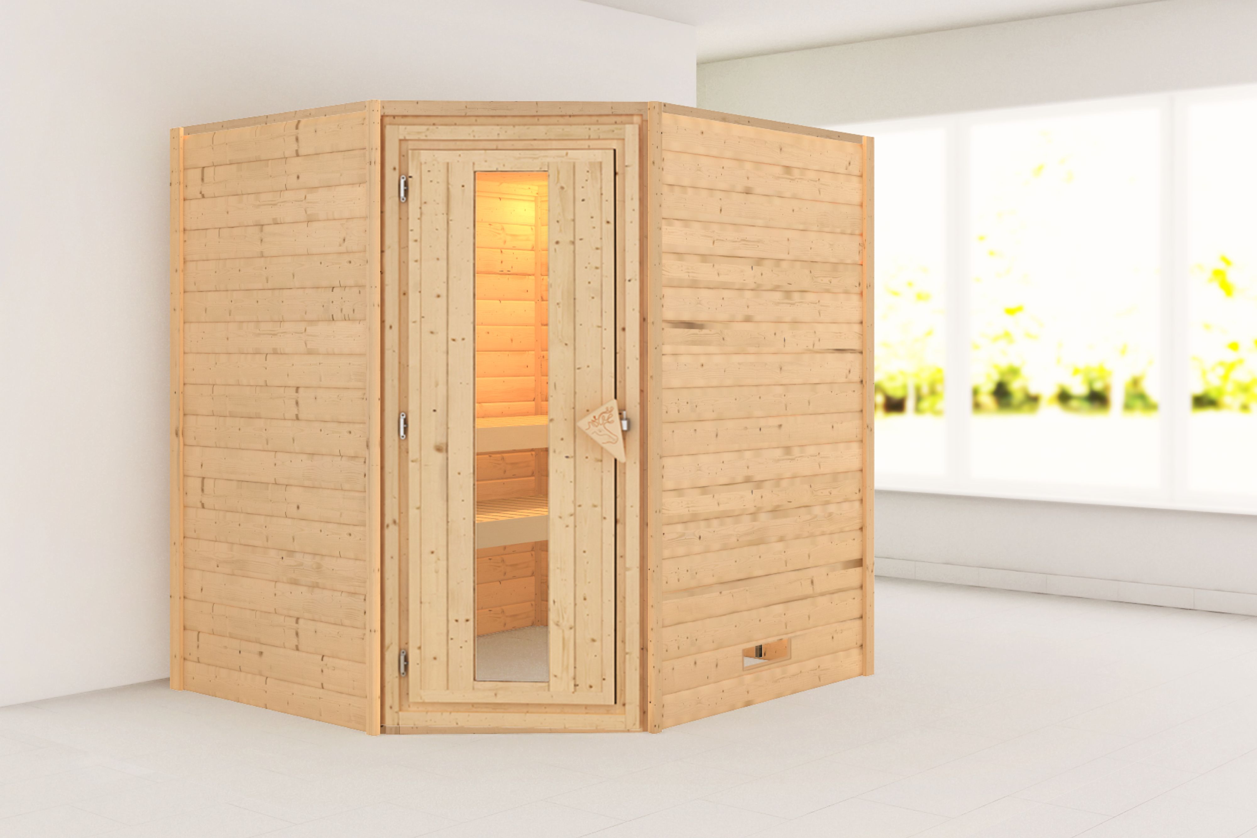 Außenansicht der Karibu Sauna Mia aus nordischer Fichte mit isolierter Holztür und Fronteinstieg