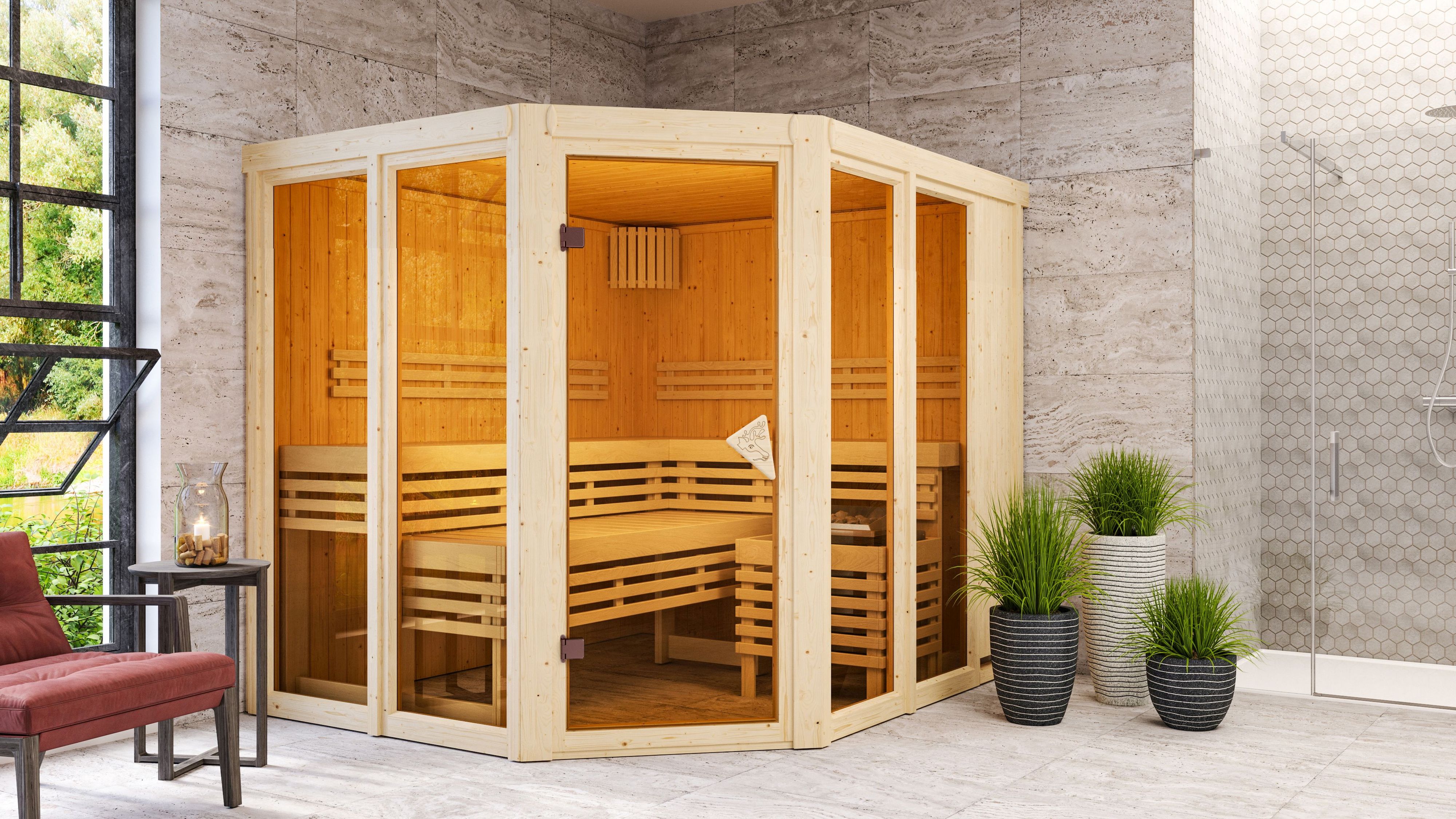 Karibu Sauna Ainur als hochwertige Sauna aus nordischer Fichte im Wohnraum-Ambiente