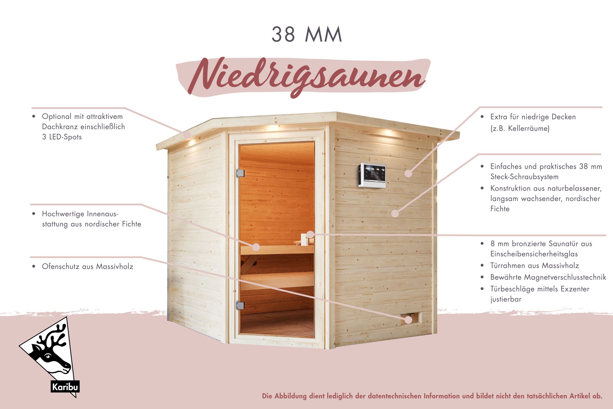 Außenansicht der Karibu Sauna Jutta aus nordischer Fichte mit Ganzglastür und Fronteinstieg