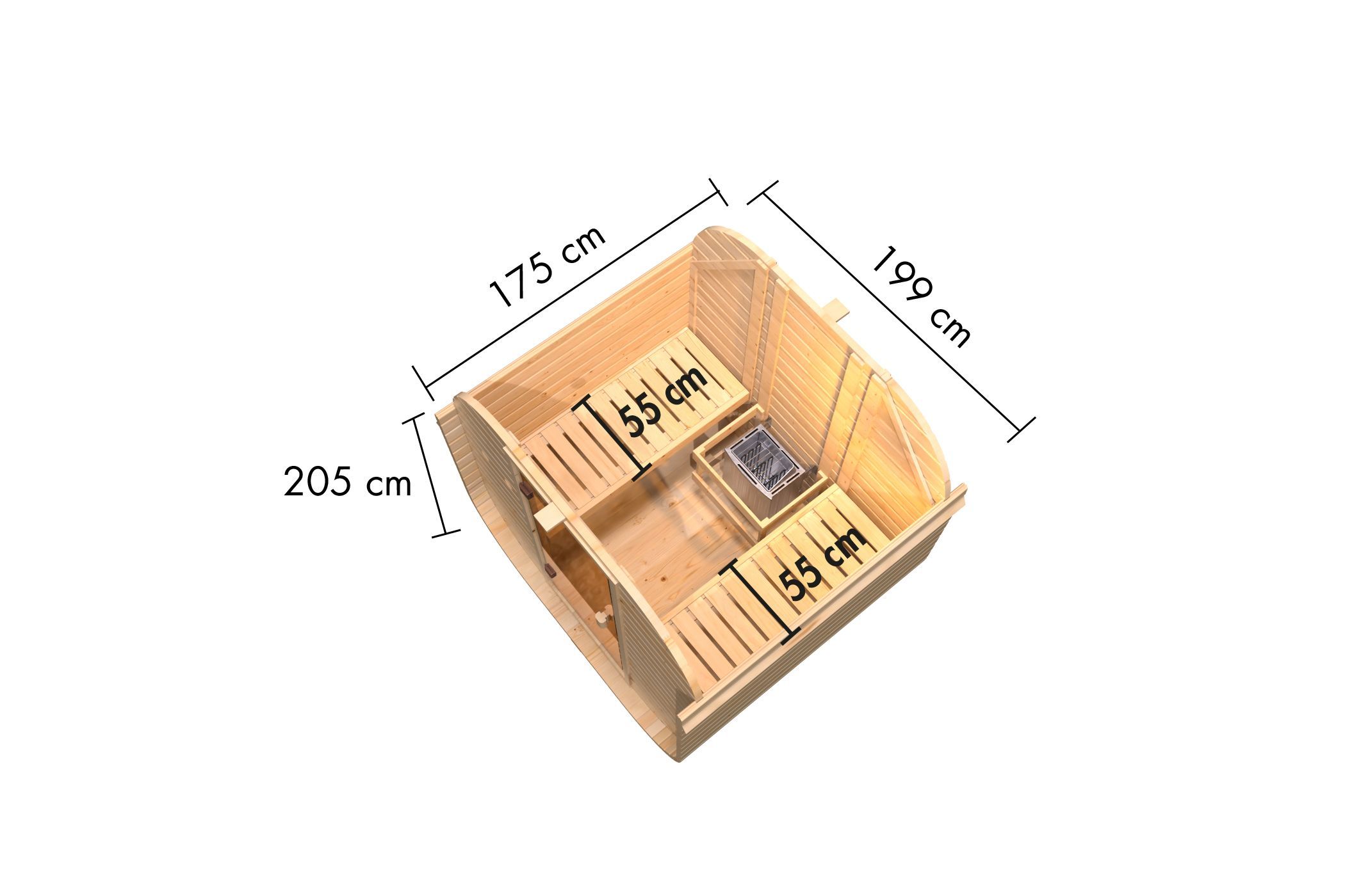 Maßzeichnung der Karibu Fasssauna Quadro 1 mit Außenmaß 199 × 175 cm und Höhe 205 cm