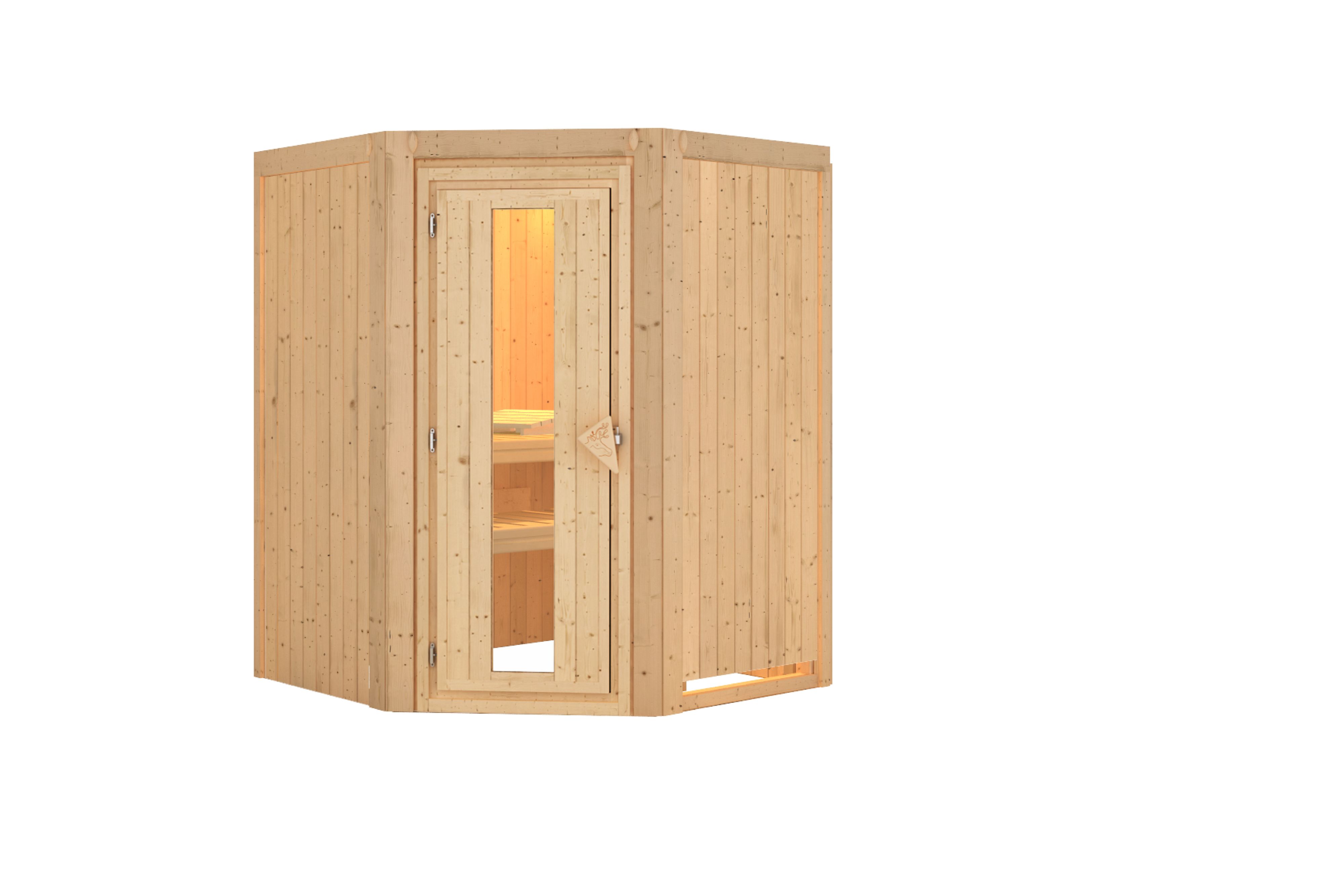 Innenansicht der Karibu Sauna Larin mit Liegen und Kopfstütze aus hellem Espenholz