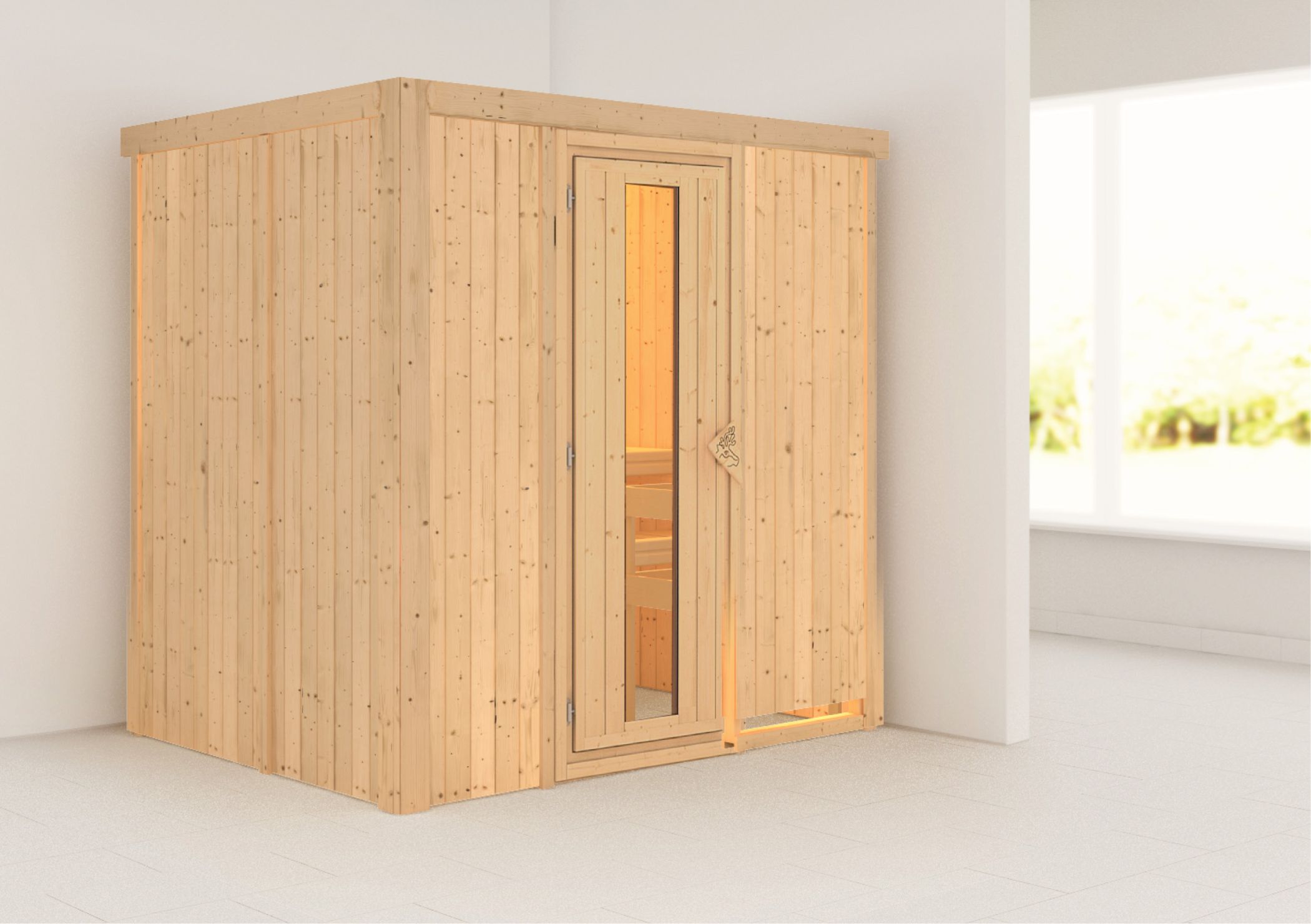 Außenansicht der Karibu Sauna Fanja aus nordischer Fichte mit isolierter Holztür und Fronteinstieg