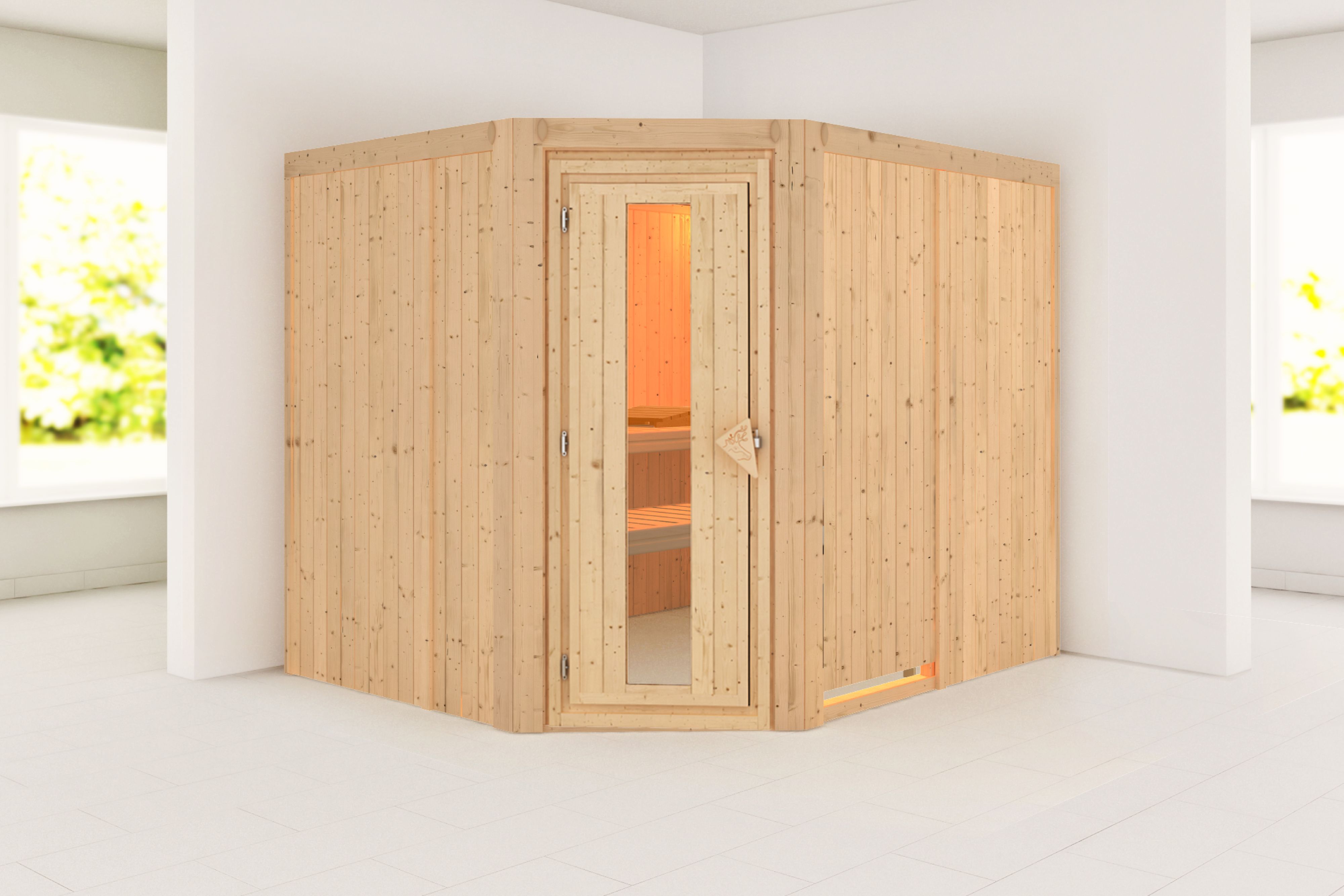 Außenansicht der Karibu Sauna Malin aus nordischer Fichte mit isolierter Holztür und Fronteinstieg