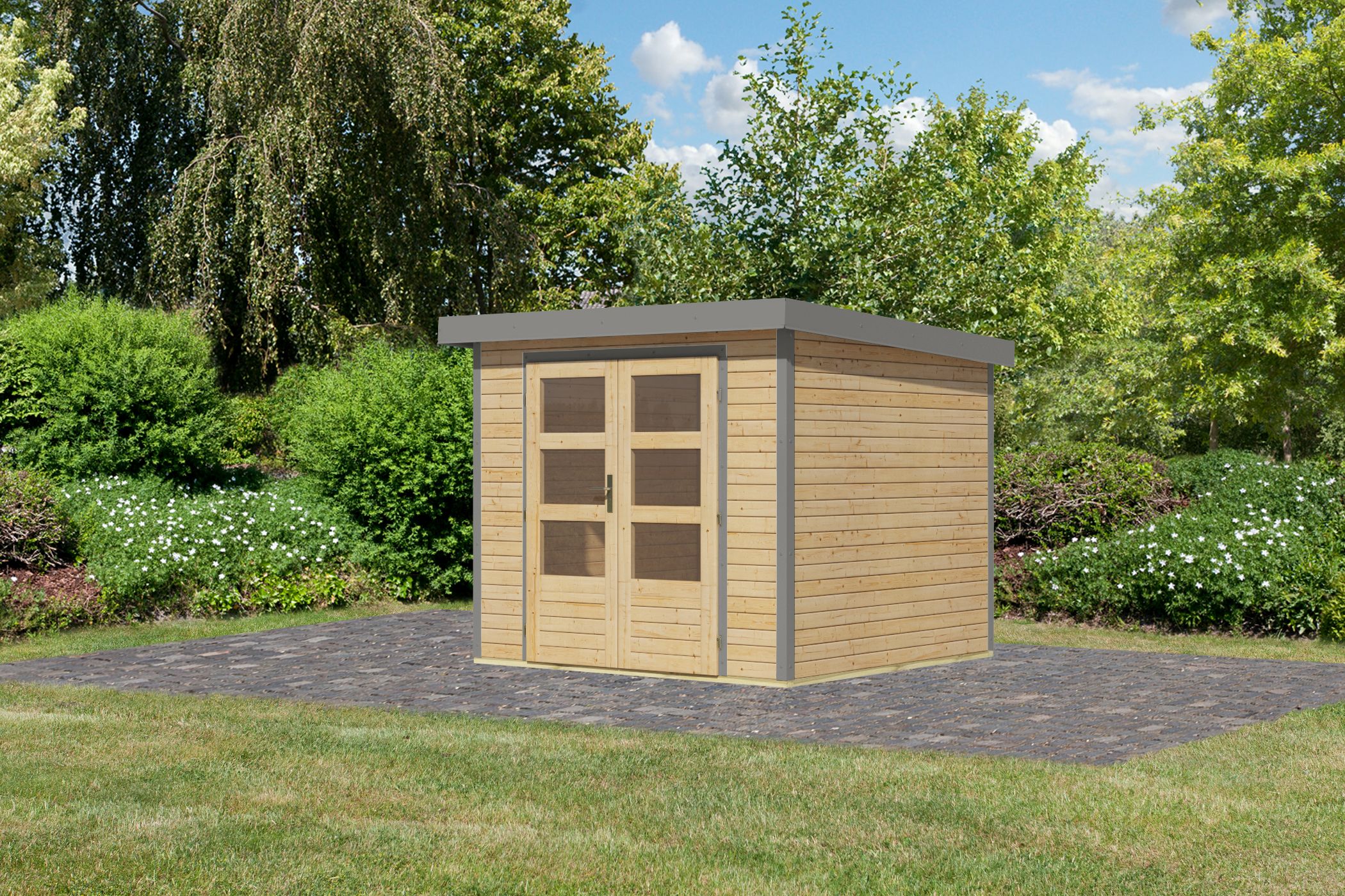 Karibu Gartenhaus Holz & Metall Jupiter 3 in Naturbelassen mit Metall in Graualuminium, Außenansicht