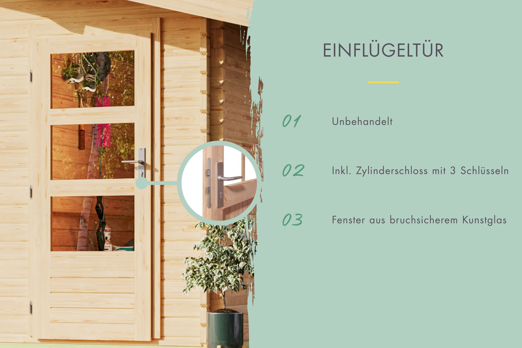 Doppelflügeltür des Karibu Gartenhaus Schönbuch 1 mit Zylinderschloss und Kunstglas