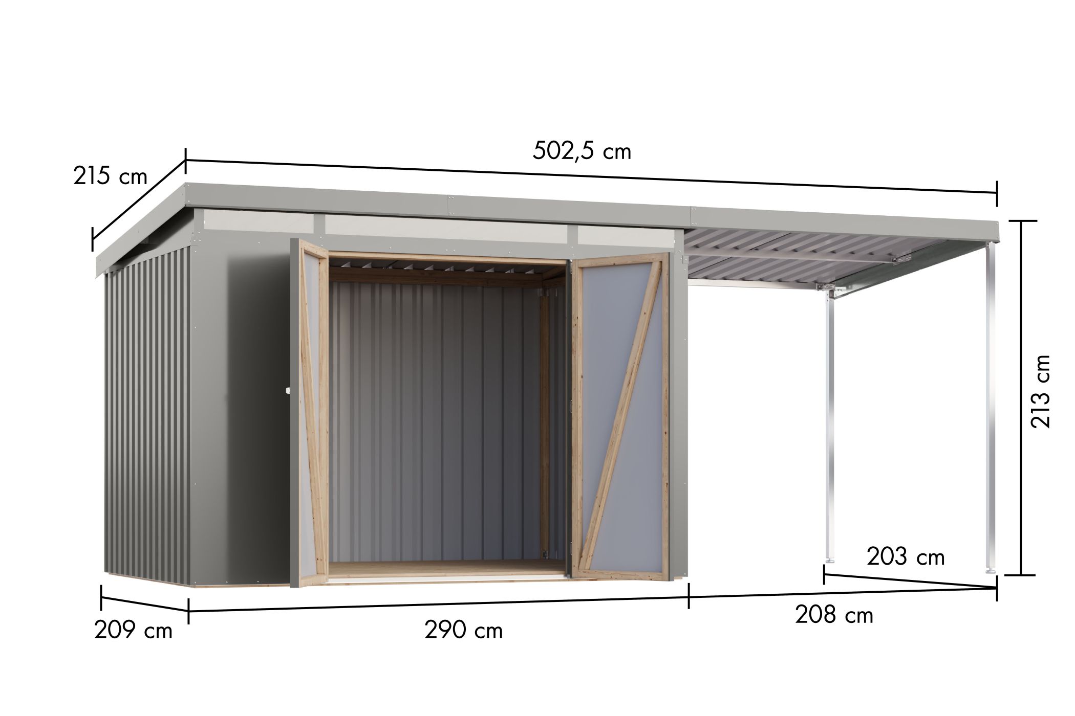 Bemaßte Maßzeichnung des Karibu Gerätehaus aus Metall Iridium 3, 497 × 209 cm